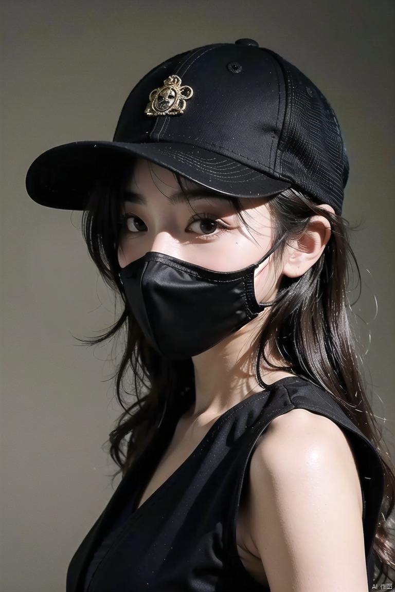  1girl,solo,shirt,male focus,looking at viewer,30 years old,face photo,narrow eyes,Chinese,black **** top,black jacket,brown hair,moyou,hat,mask, MMN,30 years old, 1 girl