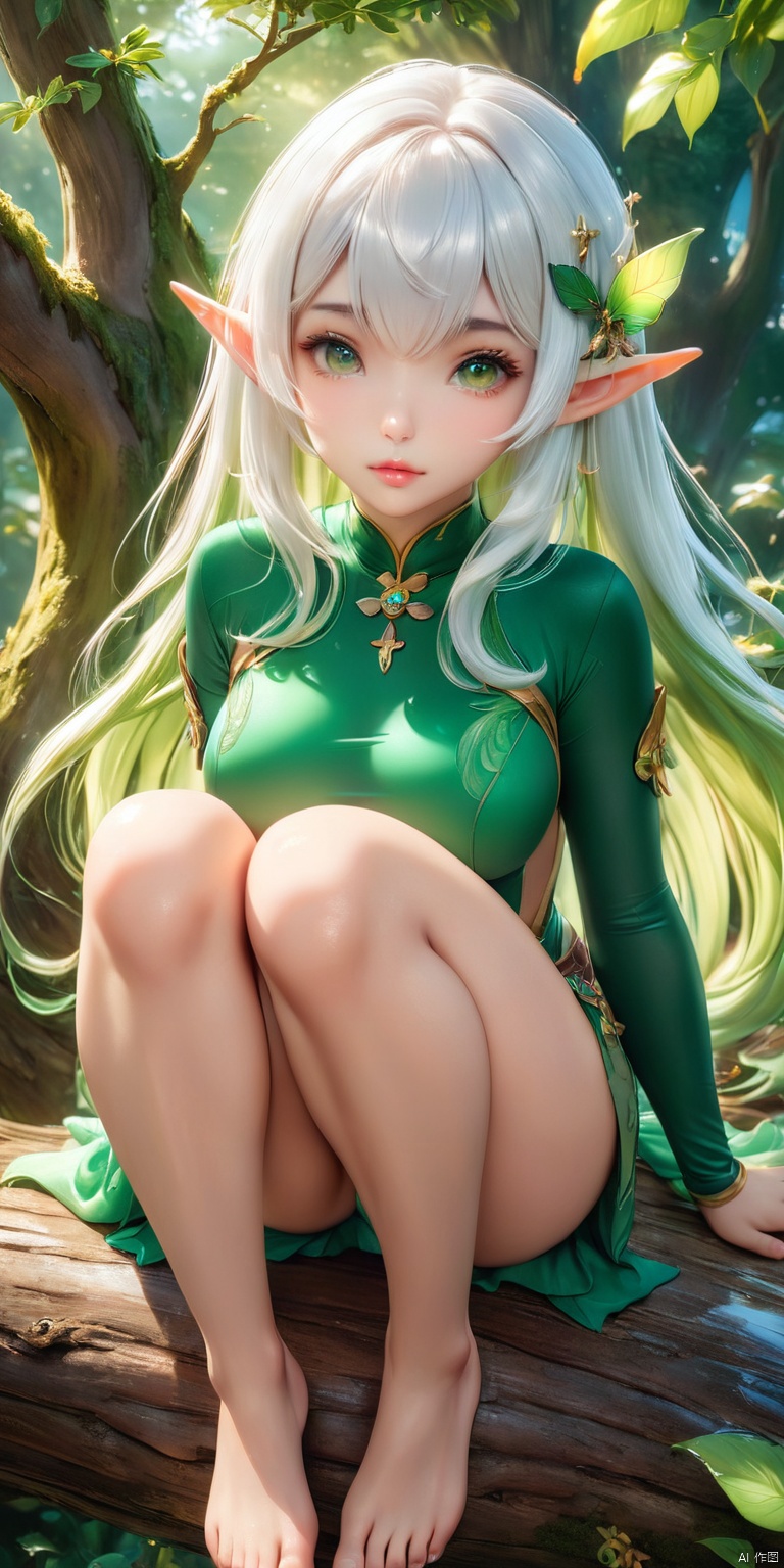 HD, CG, extreme details, fairy style, fisheye lens, exquisite facial features, clear pupils, moist lips, ((4k,masterpiece,best quality)), professional camera, 8k photos, wallpaper Masterpiece, best quality, extremely fine CG unified 8k wallpaper, very fine, texture, fine details, extremely fine and beautiful, delicate and beautiful face,1girl, solo, petite,elf girl,pointy_ears,big breast, :),Trees, huge trees, Sitting on a branch of a tree, (chibi:0.1), masterpiece,bestquality, ((white hair:1.5)),green hair,green eyes,symbol-shaped pupils, bangs, breasts,cross-shaped pupils, hair ornament, gradient hair,bare foot, , ((super detailed details)), ultra- high resolution, 8k, fisheye lens, beautiful, xihua
