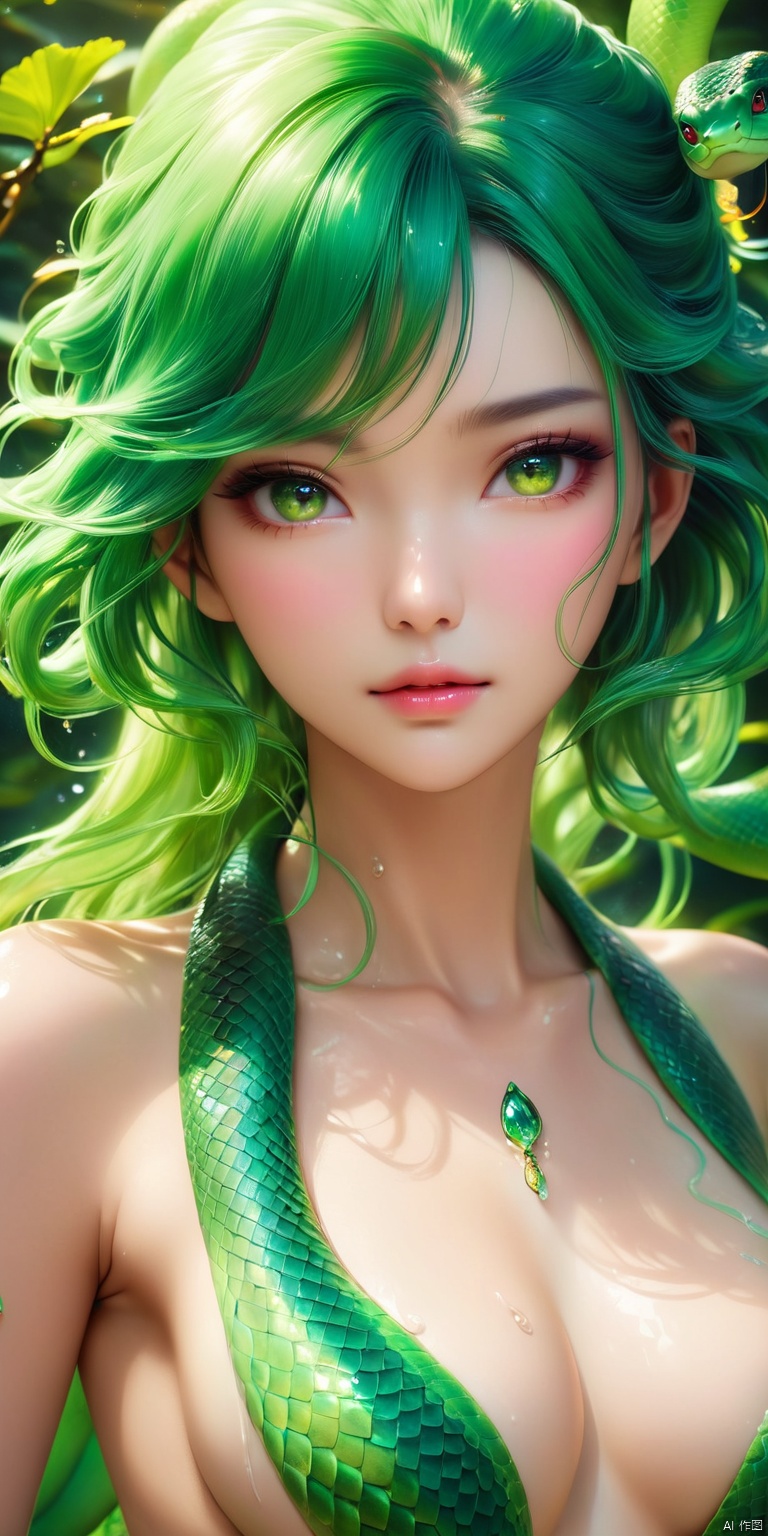 Hd super definition, the highest picture quality stunning fairy masterpiece exquisite CG detailed facial description messy wet answer ((super high precision)), super details, depth of field, lens aperture, charming shape of the queen, masterpiece, extremely fine and beautiful, floating Hair, Chinese hairstyle, beautiful and delicate eyes, venomous snake, fluorescence, (((green snake))), delicate and shiny scales, viscous liquid, perfect collarbone, (((perfect body))), hot, translucent light, detailed makeup, (((人snake tail))), best quality, best quality, fantasy, close-up,