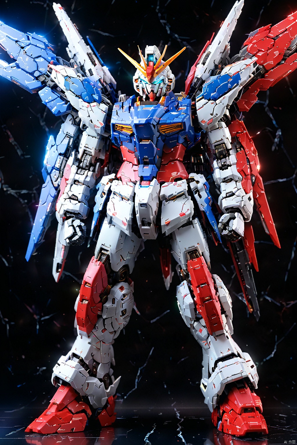 Gundam, solo, looking_at_viewer, blue_eyes, standing, no_humans, glowing, robot, bj_gundam_mecha, glowing_eyes, clenched_hands, science_fiction, straight-on, v-fin, mobile_suit, cinematic lighting, strong contrast, high level of detail, Best quality, masterpiece, neon background, (wide angle:1.4), ironman, mecha,BJ_Gundam_SDXL,机甲