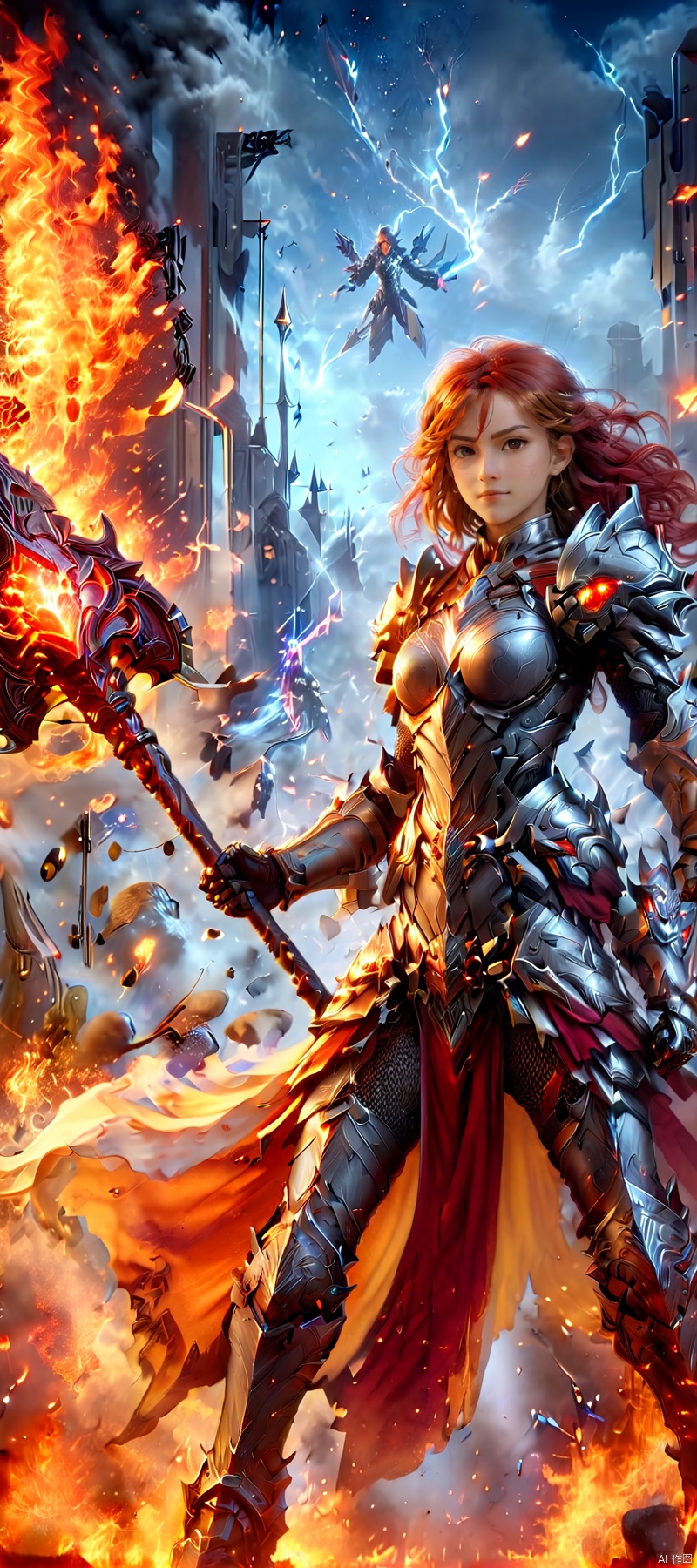 1 girl, Flame body, masterpiece, top quality,phoenix dark is x-men, beautiful and aesthetic:1.2, (1girl:1.3), (full body:1.5),red suitbody ,looking at viewer,fire hair, extreme detailed,(fire hands:1.5),fire,smoke,goddess, detailed, detail fingers, detail face, masterpiece,ultra realistic,32k,extremely detailed CG unity 8k wallpaper, best quality, Cinematic photography, movie mood, cinematic light, compelling composition, storytelling elements, conveys emotion, mood, and narrative depth, creating visually striking images that feel like still frames from a film, Cinematic portrait photography, capture subject in a way that resembles a still frame from a movie, cinematic lighting, story, narrative quality, drawing viewers into the scene and evoking a sense of cinematic immersion, capturing emotion, professional, engaging, compelling composition, night photography, nocturnal beauty, city lights, starry skies, celestial wonders, moonlit landscapes, urban glow, capturing the essence of darkness, ethereal atmosphere, dramatic shadows, magical ambiance, long exposure techniques, expert use of light sources, Heavenly Breasts,COLORFUL GRADIENT,score_9_up score_8_up score_7_up,DAMIMI,Spear and Shield,UTASHIMADG fishnets mecha leotard armor, HKMAGIC,Wearing fist gauntlets, HKSTYLE,MECHA ANGEL SOLDIER,((Hold spear and Shield:1.5)),Wielding battlehammer,HKMECHA,FBB,((cinematic film still multiple views)),