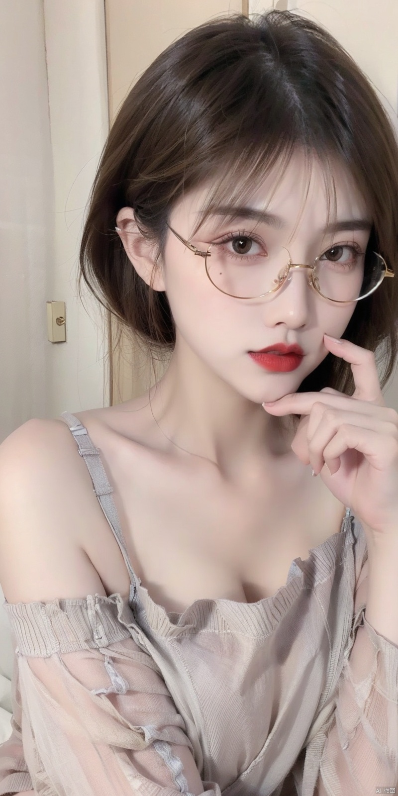 1girl, solo, looking at viewer, short hair, brown hair, black hair, bare shoulders, brown eyes, closed mouth, upper body, glasses, off shoulder, nail polish, sweater, lips, makeup, lipstick, portrait, finger to mouth, realistic, red lips,bra slip,buruma around one leg