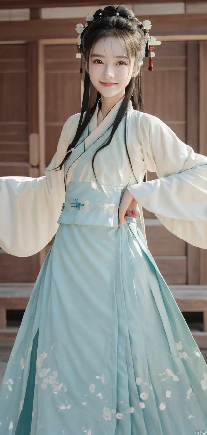 best quality, masterpiece, realistic,cowboy_shot,(Good structure), DSLR Quality,Depth of field,kind smile,looking_at_viewer,Dynamic pose, 
1girl,lianmo,dress,hanfu,chinese clothes