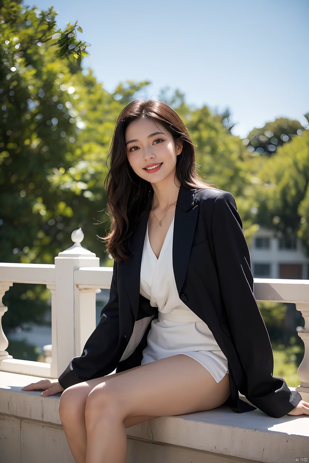  The image features a beautiful young Asian woman with long, dark hair sitting on a balcony with a cat in the background. The woman is looking into the camera with a smile on her face, her eyes sparkling with joy and contentment. Her hair is neatly styled and her makeup is natural yet enhance her features. She wears a black coat that complements her skin tone. The lighting in the image is natural and warm, casting a soft glow on the woman and the surrounding environment. The colors in the image are vibrant and rich, with the blue sky and green trees in the background providing a beautiful contrast to the woman and the cat. The style of the image is casual yet elegant, with the woman's outfit and the setting creating a relaxed and comfortable atmosphere. The quality of the image is excellent, with sharp details and smooth transitions between colors and tones. The woman's action in the image is sitting and smiling, with her hands resting on the railing. Her posture and facial expression convey a sense of happiness and contentment, as if she is enjoying a peaceful and pleasant moment. The woman's expression and the overall atmosphere of the image suggest a sense of relaxation and enjoyment. She seems to be in a good mood, perhaps enjoying a leisurely day or spending time with her cat. The image captures a moment of tranquility and happiness, making it a beautiful and memorable scene.,Film Photography