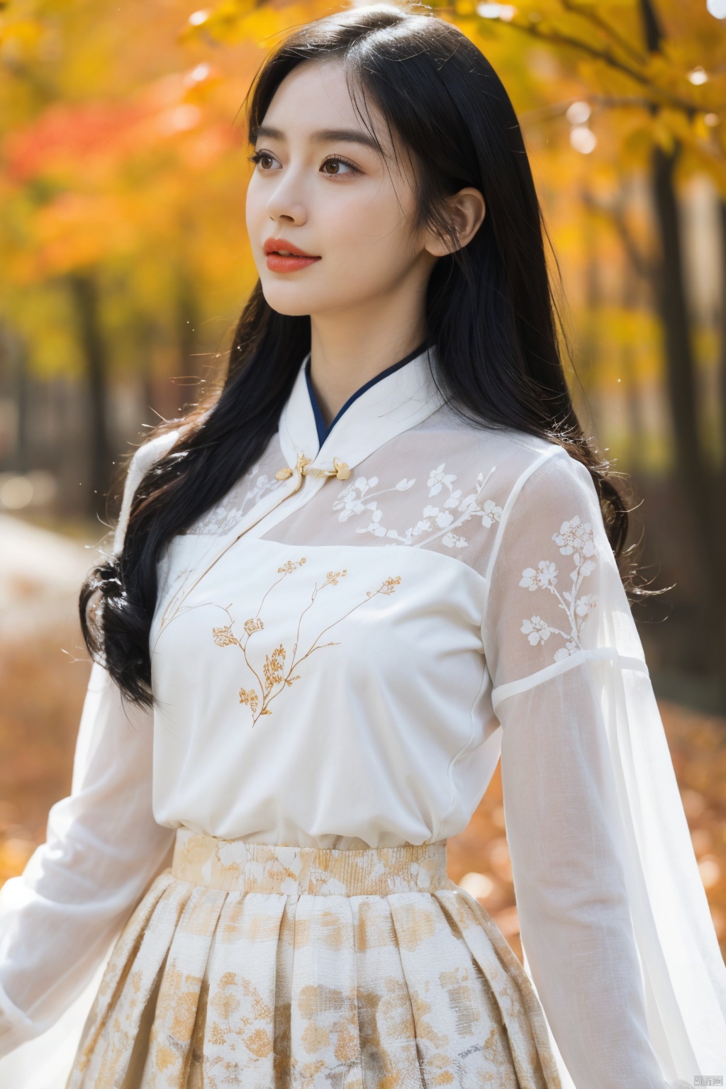  1 girl, wearing a white dress with floral patterns printed on it, featuring gold and white themes for a sense of coordination, order, half body, close-up, upper body, outdoor, front, best image, fallen leaves, branches, autumn leaves, Chinese clothing, ancient style, Chinese long skirt, long sleeves, double layered light gauze skirt, brown eyes, black hair, ultra-high definition, super-resolution, high-resolution,