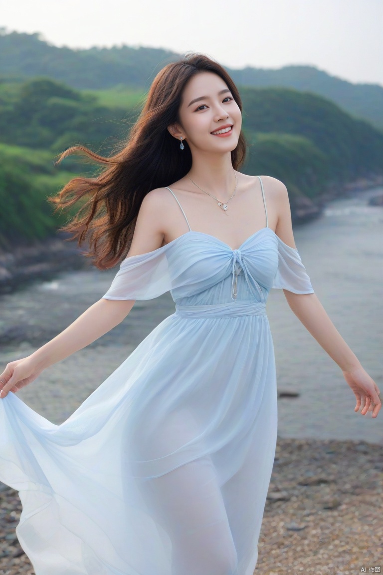  DSLR, (Good structure), HDR, UHD, 8K, A real person, Highly detailed, best quality, masterpiece, 1girl, realistic, Highly detailed, (EOS R8, 50mm, F1.2, 8K, RAW photo:1.2), ultra realistic 8k, (best illumination, best shadow, extremely delicate and beautiful), (official art, beautiful and aesthetic:1.2), solo, 1girl, , Wind, flowing hair, kind smile, , pose for picture, Dynamic pose, looking_at_viewer, jinchen,bare shoulders,blue dress,lianpianqun,
choker,earrings,jewelry,necklace,ring,stream,full body,white dress