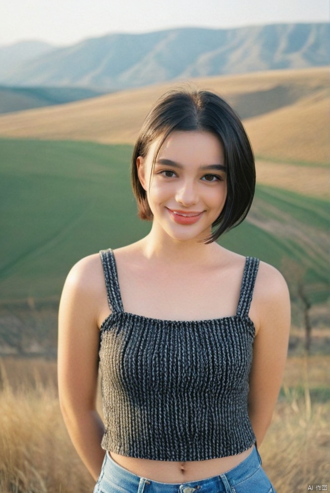  beautiful girl standing with beautiful vally in background, age 20, black short hair, waist shot, dynamic pose, smiling, dressed in fashion outfit, beautiful eyes, sweet makeup, 35mm lens, beautiful lighting, photorealistic, soft focus, kodak portra 800, 8k, Dasha Taran