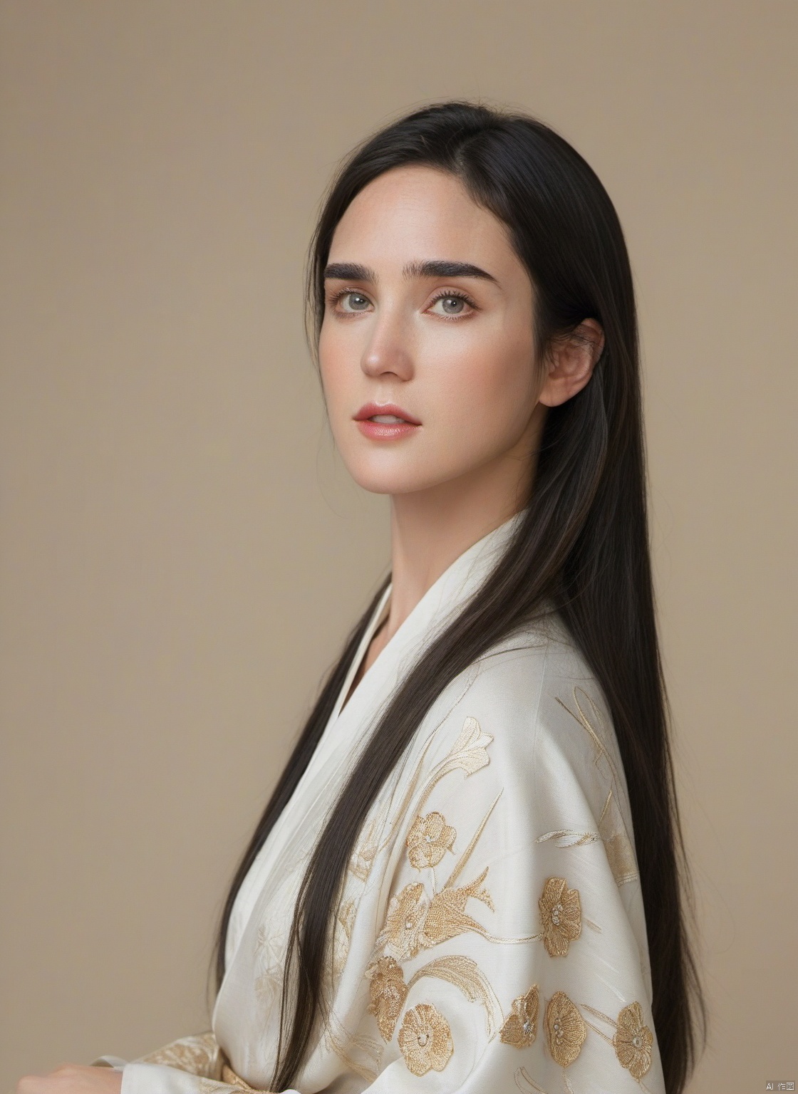  4k, photo, realistic, best quality,highres, ultra-detailed,ultra high res,((photorealistic, 8K)),from above, 

Masterpiece: A stunning, highly detailed digital painting of a beautiful1. Masterpiece: A stunning, highly detailed digital painting of a beautiful woman with long, flowing black hair and piercing black eyes. She is wearing a traditional Japanese kimono, with intricate patterns and designs that are expertly rendered in gold and silver thread. The lighting is soft and warm, casting a gentle glow on her porcelain skin. This is an official art piece, created by a renowned artist, and is available in various sizes and resolutions to suit your needs., Jennifer Connelly