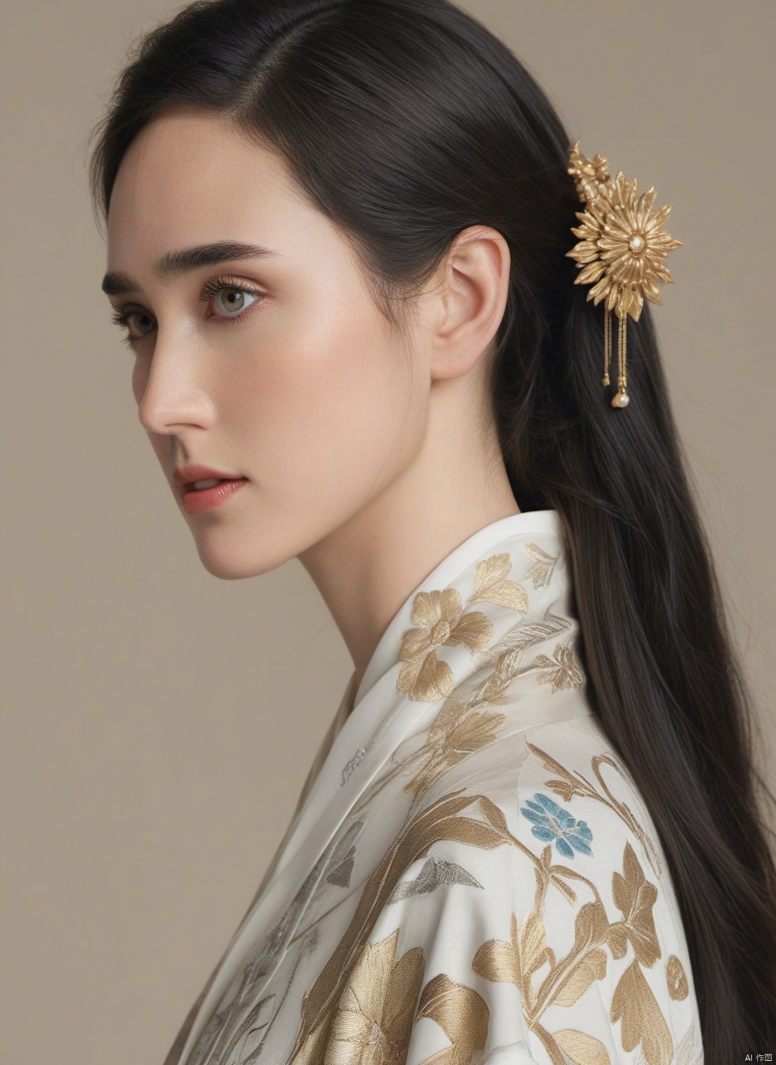  4k, photo, realistic, best quality,highres, ultra-detailed,ultra high res,((photorealistic, 8K)),from above, 

Masterpiece: A stunning, highly detailed digital painting of a beautiful1. Masterpiece: A stunning, highly detailed digital painting of a beautiful woman with long, flowing black hair and piercing black eyes. She is wearing a traditional Japanese kimono, with intricate patterns and designs that are expertly rendered in gold and silver thread. The lighting is soft and warm, casting a gentle glow on her porcelain skin. This is an official art piece, created by a renowned artist, and is available in various sizes and resolutions to suit your needs., Jennifer Connelly