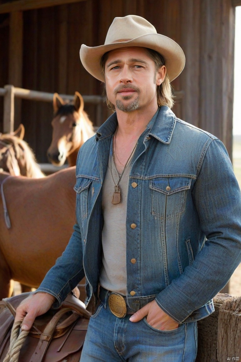  Cowboy, Half length, Ranch with horses, Faded cowboy hat, Weathered face, Denim jacket, Jeans, Rugged, Saddles and ropes, Barn wood, Golden hour light, Rustic charm., Brad Pitt