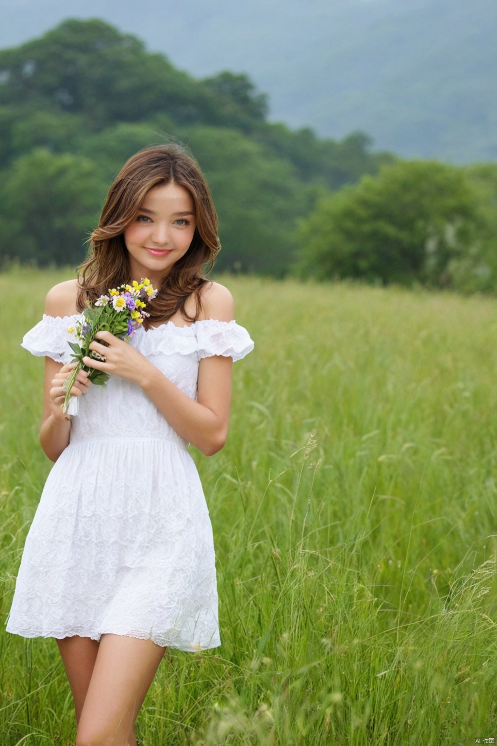  1girl,solo,smile,wearing a JK and holding a bouquet of vivid wildflowers,standing in a field of tall grass with a soft breeze blowing through. The scene should capture the whimsical and carefree style of Sakimichan,with a sense of peace and tranquility in the air
best quality,masterpiece,cute:1.2, FUJI, mLD, hy, white thighhighs,The background should be clear,Miranda Kerr