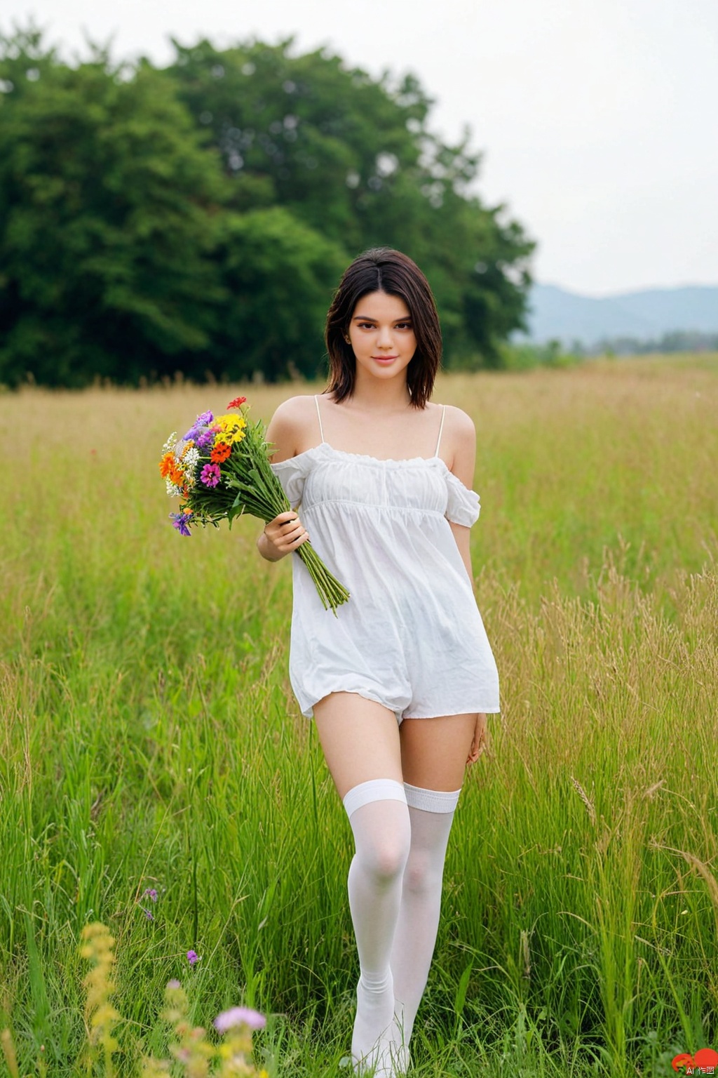  1girl,solo,smile,wearing a JK and holding a bouquet of vivid wildflowers,standing in a field of tall grass with a soft breeze blowing through. The scene should capture the whimsical and carefree style of Sakimichan,with a sense of peace and tranquility in the air
best quality,masterpiece,cute:1.2, FUJI, mLD, hy, white thighhighs,The background should be clear,Kendall Jenner
