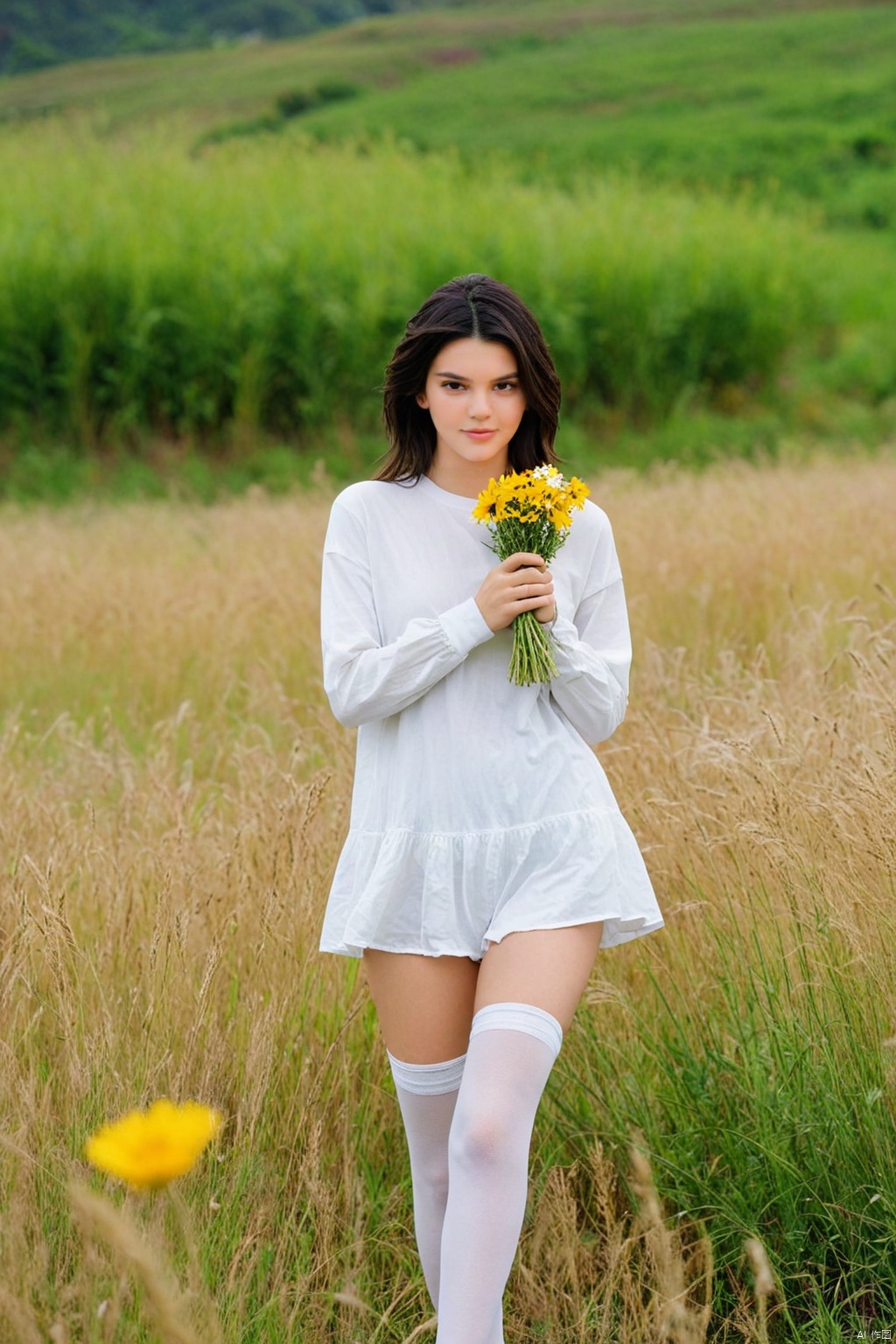  1girl,solo,smile,wearing a JK and holding a bouquet of vivid wildflowers,standing in a field of tall grass with a soft breeze blowing through. The scene should capture the whimsical and carefree style of Sakimichan,with a sense of peace and tranquility in the air
best quality,masterpiece,cute:1.2, FUJI, mLD, hy, white thighhighs,The background should be clear,Kendall Jenner