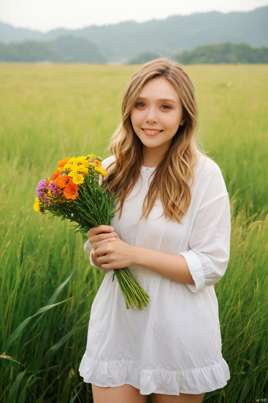  1girl,solo,smile,wearing a JK and holding a bouquet of vivid wildflowers,standing in a field of tall grass with a soft breeze blowing through. The scene should capture the whimsical and carefree style of Sakimichan,with a sense of peace and tranquility in the air
best quality,masterpiece,cute:1.2, FUJI, mLD, hy, white thighhighs,The background should be clear,Elizabeth Olsen