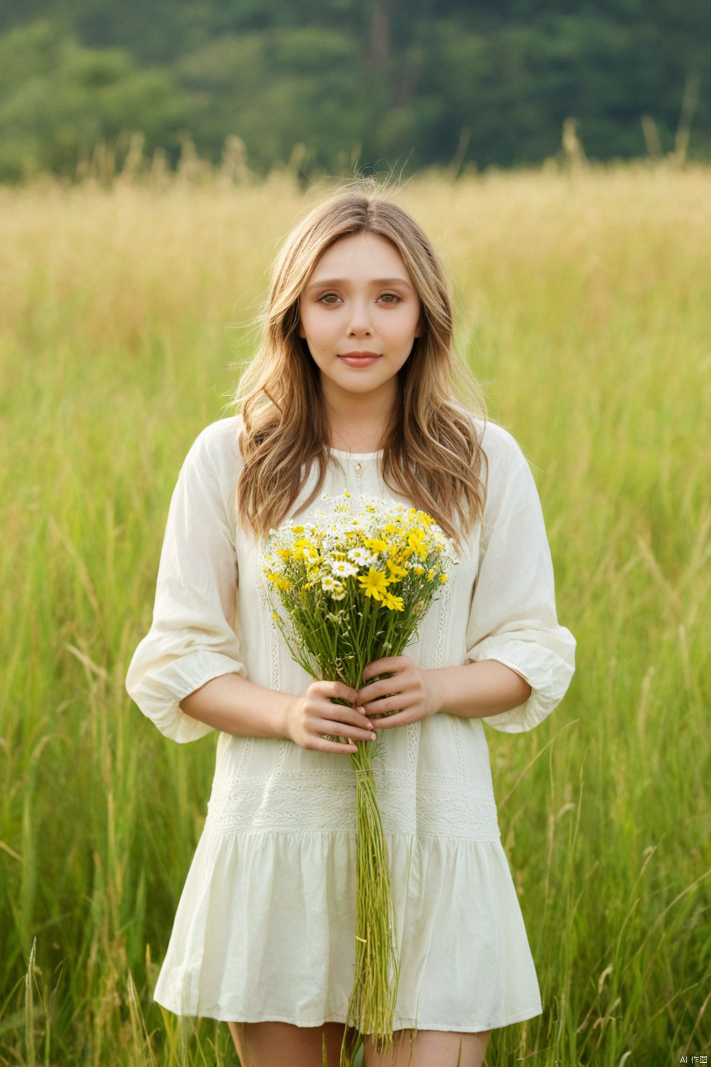  1girl,solo,smile,wearing a JK and holding a bouquet of vivid wildflowers,standing in a field of tall grass with a soft breeze blowing through. The scene should capture the whimsical and carefree style of Sakimichan,with a sense of peace and tranquility in the air
best quality,masterpiece,cute:1.2, FUJI, mLD, hy, white thighhighs,The background should be clear,Elizabeth Olsen