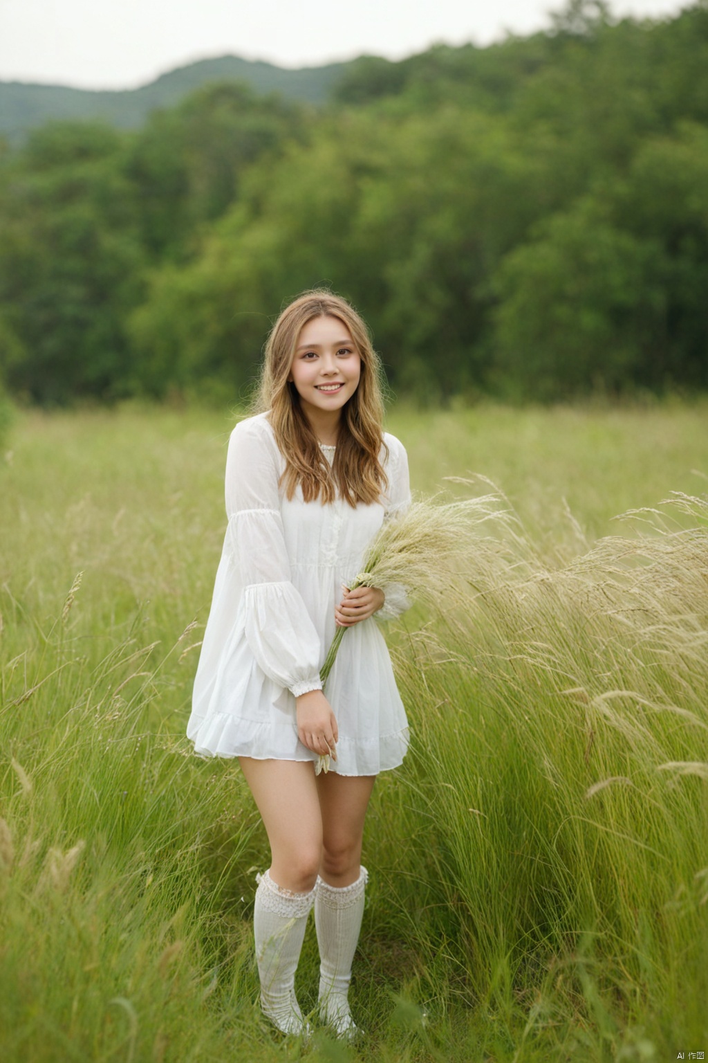  1girl,solo,smile,wearing a JK and holding a bouquet of vivid wildflowers,standing in a field of tall grass with a soft breeze blowing through. The scene should capture the whimsical and carefree style of Sakimichan,with a sense of peace and tranquility in the air
best quality,masterpiece,cute:1.2, FUJI, mLD, hy, white thighhighs,The background should be clear,Elizabeth Olsen
