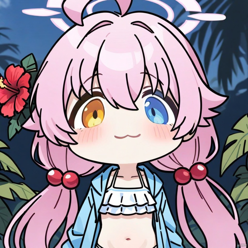 big-head, chibi,:3,(masterpiece),(best quality),solo, red flower, 1girl, hoshino (blue archive), flower, blue jacket, hoshino (swimsuit) (blue archive), hair ornament, white bikini, frilled bikini, heterochromia, swimsuit, twintails, long hair, ahoge, yellow eyes, bikini, navel, halo, blush, looking at viewer, jacket, frills, low twintails, blue eyes, open mouth, pink hair, collarbone, hair between eyes, hair bobbles, outdoors, long sleeves, hair flower, official alternate costume, hibiscus, open clothes, blurry