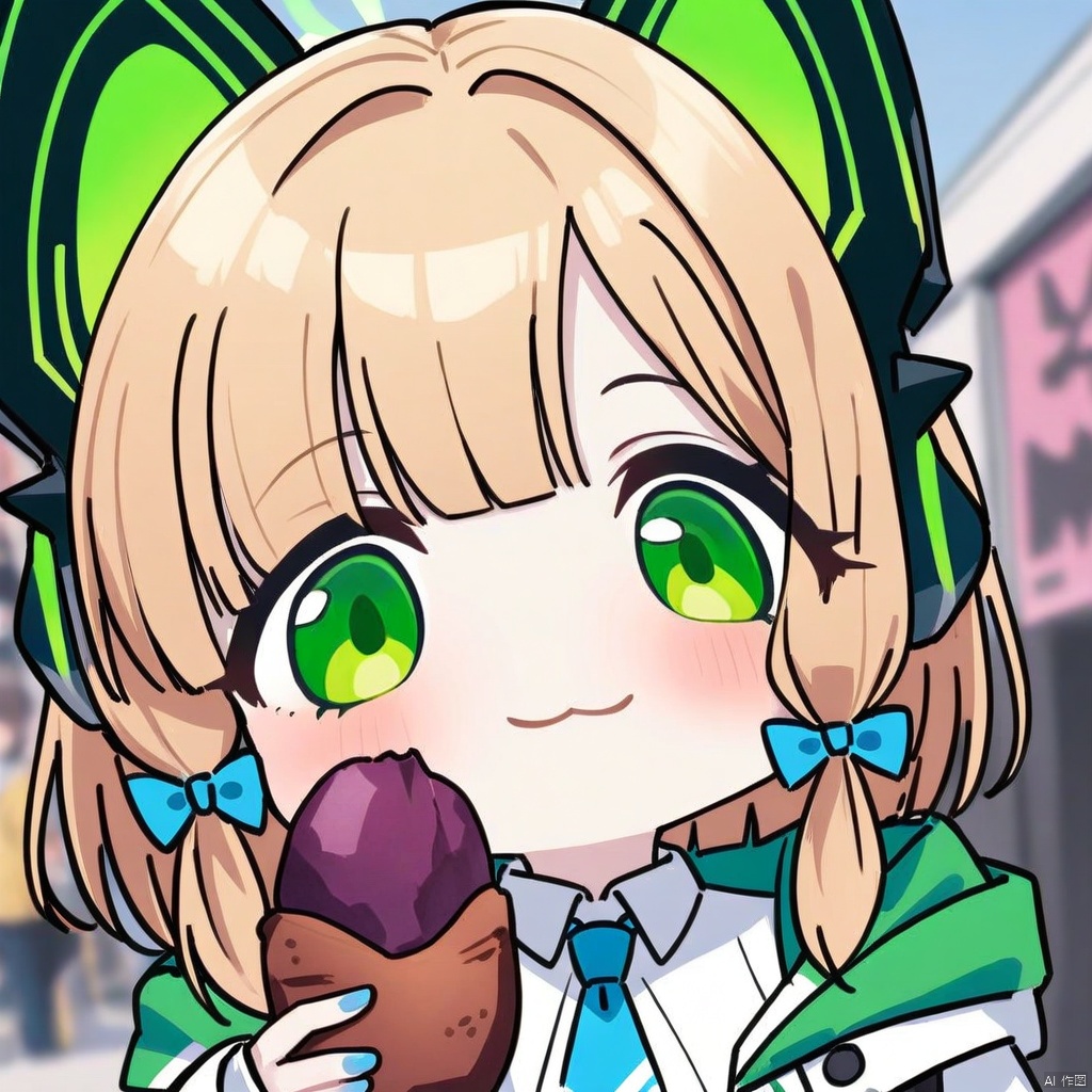 big-head, chibi,portrait,:3,(masterpiece),(best quality),1girl,midori \(blue archive\),blue archive,aiamu iamu,holding food,holding,hooded jacket,food,sidelocks,:d,collared shirt,blurry,long sleeves,puffy sleeves,headphones,blue bow,hand up,necktie,halo,looking at viewer,jacket,sleeves past wrists,blush,nail polish,blue necktie,animal ear headphones,blurry background,blonde hair,shirt,green eyes,hood down,open clothes,depth of field,hood,smile,white jacket,fake animal ears,bow,puffy long sleeves,open jacket,solo,dress shirt,animal ears,white shirt,blue nails,hair bow,long hair,drawstring,sweet potato,