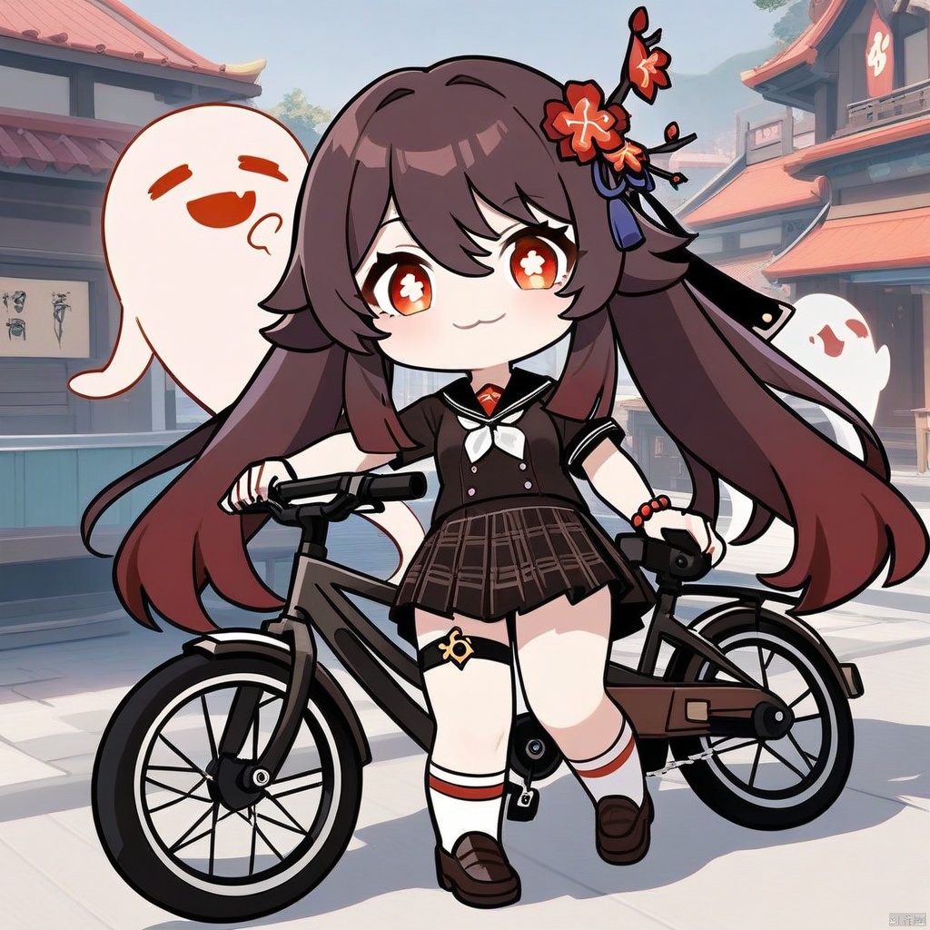 big-haed,chibi,:3,masterpiece, best quality, 1girl, hu tao \(genshin impact\), ground vehicle, twintails, red eyes, bicycle, brown hair, hair ornament, skirt, looking at viewer, symbol-shaped pupils, long hair, solo, hair flower, flower, boo tao \(genshin impact\), smile, school uniform, outdoors, ghost, boat, shirt, bag, short sleeves, holding, watercraft, shoes, plaid, alternate costume, thigh strap 