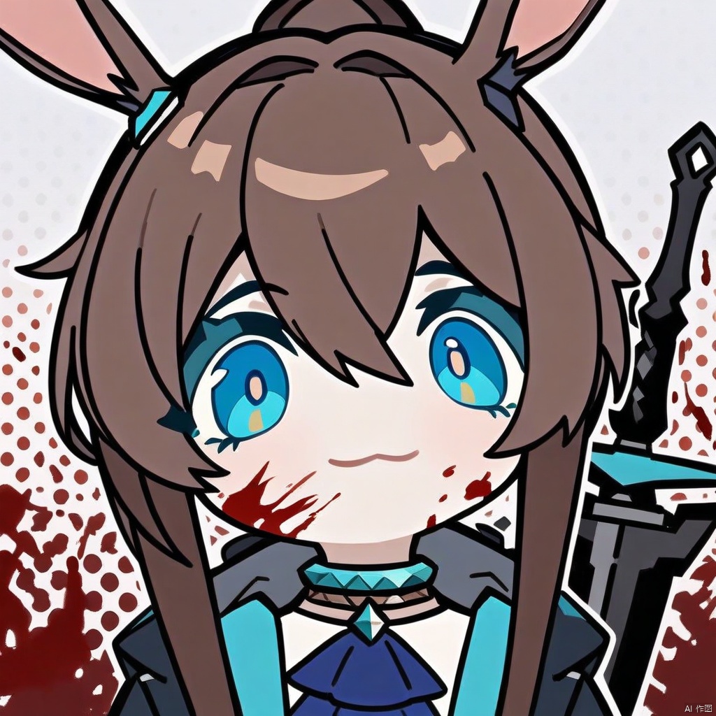 big-haed,portrait, chibi,:3, full_body,(masterpiece),(best quality),1girl, animal ears, amiya (arknights), solo, blue eyes, rabbit ears, long hair, holding, looking at viewer, blood, weapon, blue ascot, holding weapon, brown hair, ascot, hair between eyes, sword, holding sword, jacket, blood on face, closed mouth, open clothes, sidelocks, open jacket, jewelry, shirt, neck ring, white shirt, black jacket, ponytail, glowing,