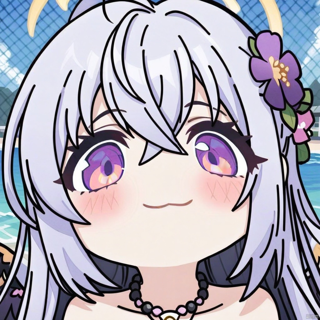 big-head, chibi,portrait,:3,(masterpiece),(best quality),1girl, solo, hair ornament, azusa (blue archive), swimsuit, hair flower, bikini, long hair, flower, necklace, jewelry, frilled bikini, looking at viewer, frills, hair between eyes, blush, open mouth, purple eyes, smile, wings, halo, bow, bead necklace, strapless, beads, ahoge, bare shoulders, strapless bikini, outdoors, purple flower, official alternate costume, knees up, crossed bangs, white hair