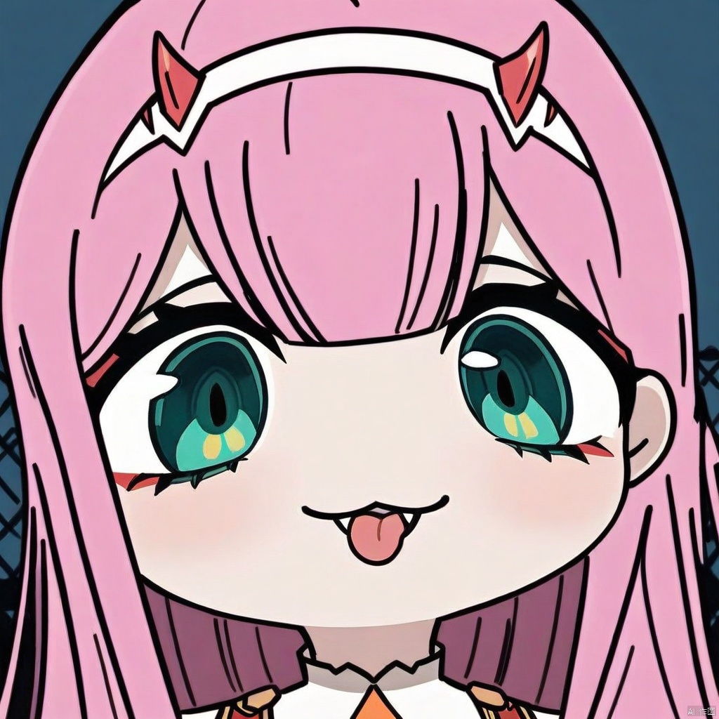 big-head, chibi,portrait,:3,(masterpiece),(best quality),1girl, aqua_background, aqua_eyes, blue_background, buttons, double-breasted, fangs, green_eyes, hairband, horns, long_hair, looking_at_viewer, military, military_uniform, necktie, pink_hair, sky, solo, tongue, tongue_out, uniform, white_hairband, zero_two_\(darling_in_the_franxx\)