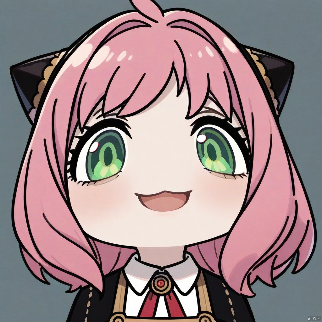 big-head, chibi,portrait,:3,(masterpiece),(best quality),Anya Forger, 1girl, anya \(spy x family\), solo, female child, pink hair, green eyes, school uniform, eden academy school uniform, smile, dress, sitting, looking at viewer, open mouth, black footwear, black dress, child, shirt, :d, long sleeves, full body, shoes, medium hair, bangs, ahoge, white pantyhose, collared shirt