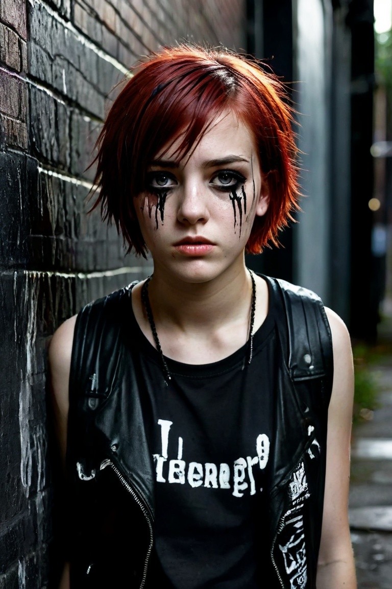 teenage girl on a backstreet alley,  teary eyes,  teenage outfit on Tensor.Art