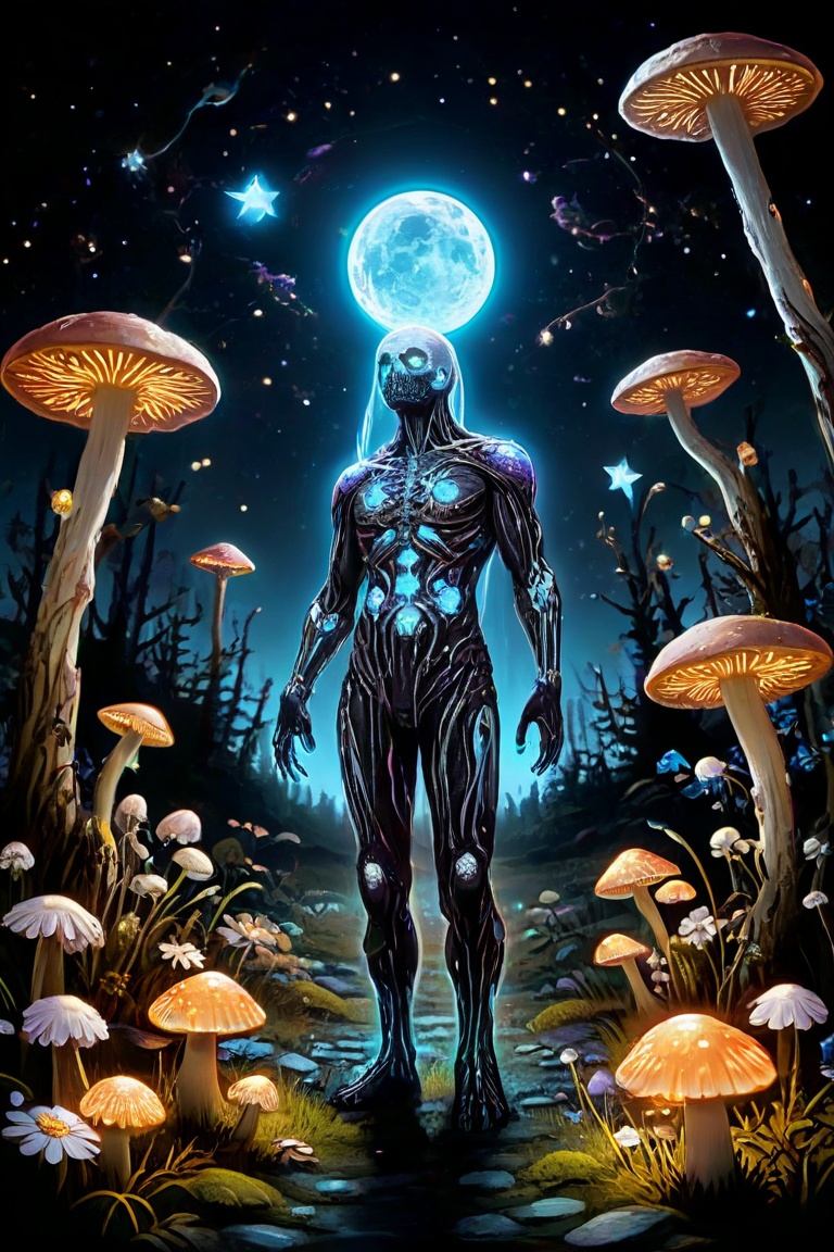 Bioluminescent planet covered in glowing flowers and mushrooms,  two moons,  glittering stars on Tensor.Art