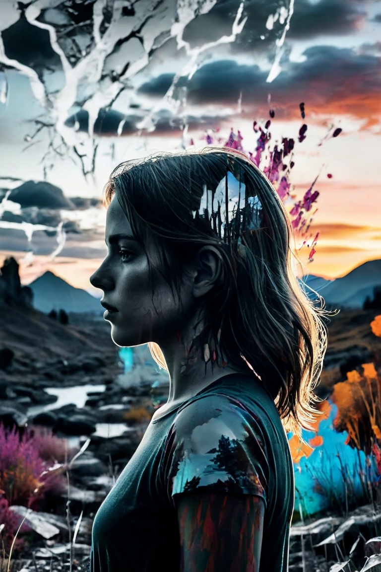 Masterpiece double exposure of a girl silhouette with monochrome apocalypse aftermath and a colorful natural landscape in...