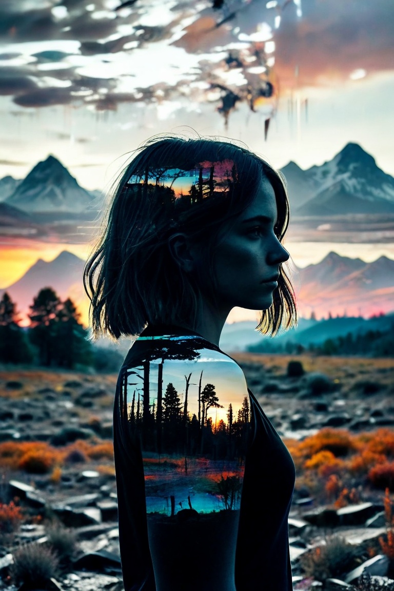 Masterpiece double exposure of a girl silhouette with monochrome apocalypse aftermath and a colorful natural landscape in...