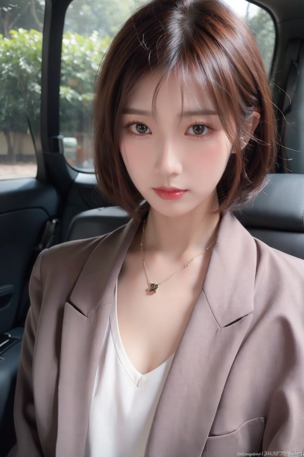 1girl

solo

looking at viewer

short hair

brown hair

brown eyes

jewelry

closed mouth
,
necklace

lips

watermark

ground vehicle

realistic