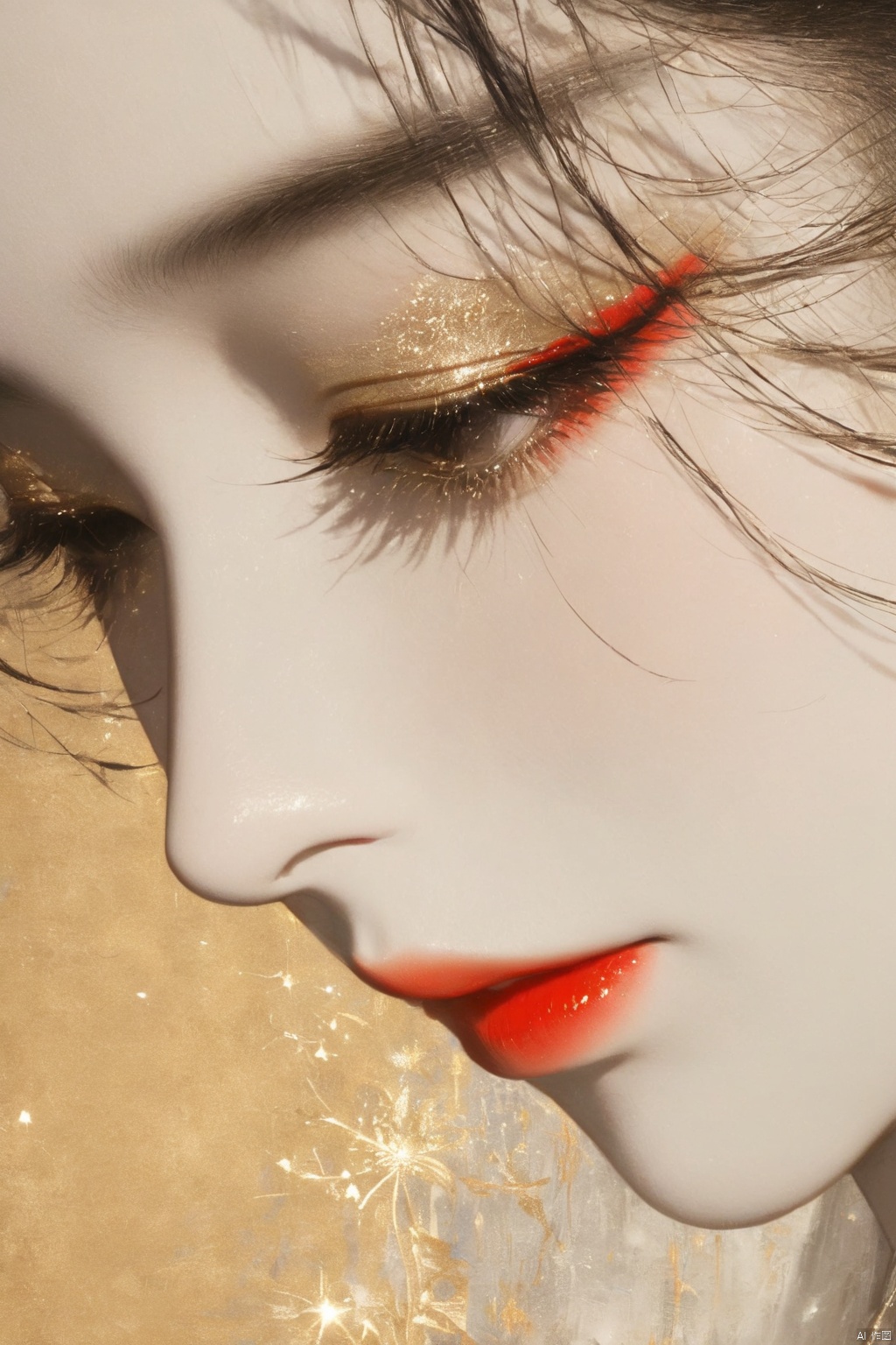1 Girl, close-up, red lips, long eyelashes, beautiful sad wallpaper style
