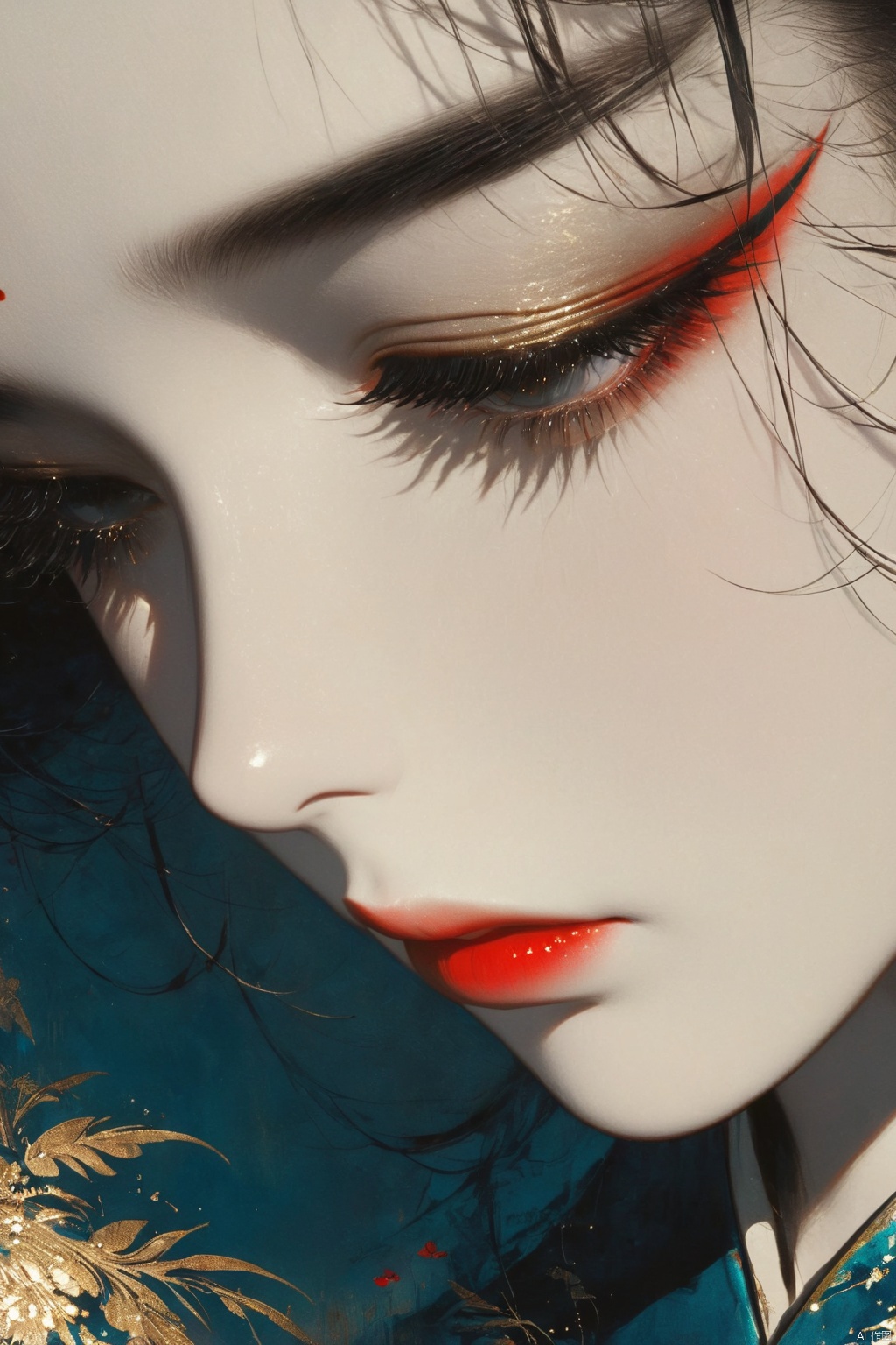 1 Girl, close-up, red lips, long eyelashes, beautiful sad wallpaper style
