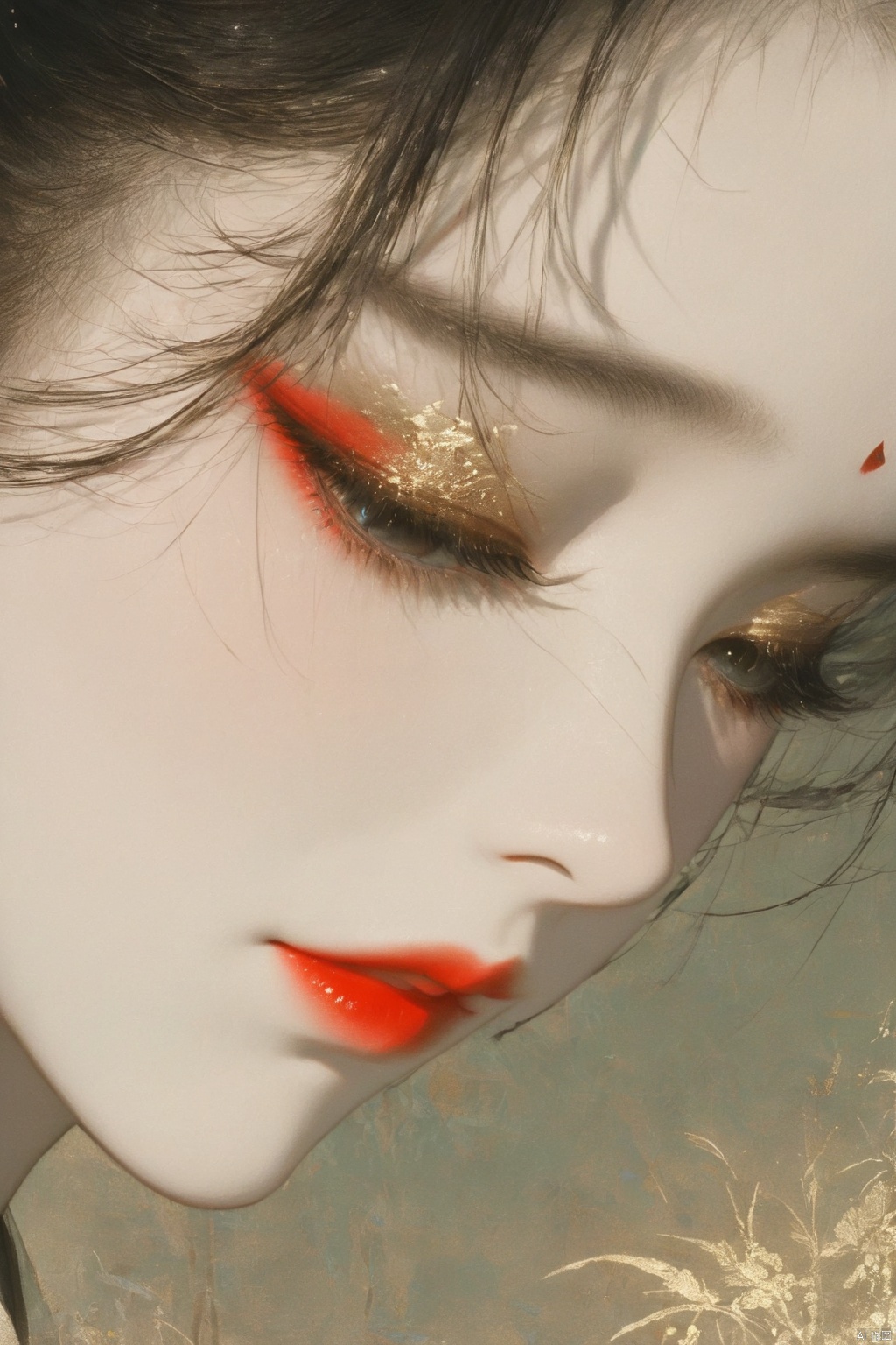 1 Girl, close-up, red lips, long eyelashes, beautiful sad wallpaper style
