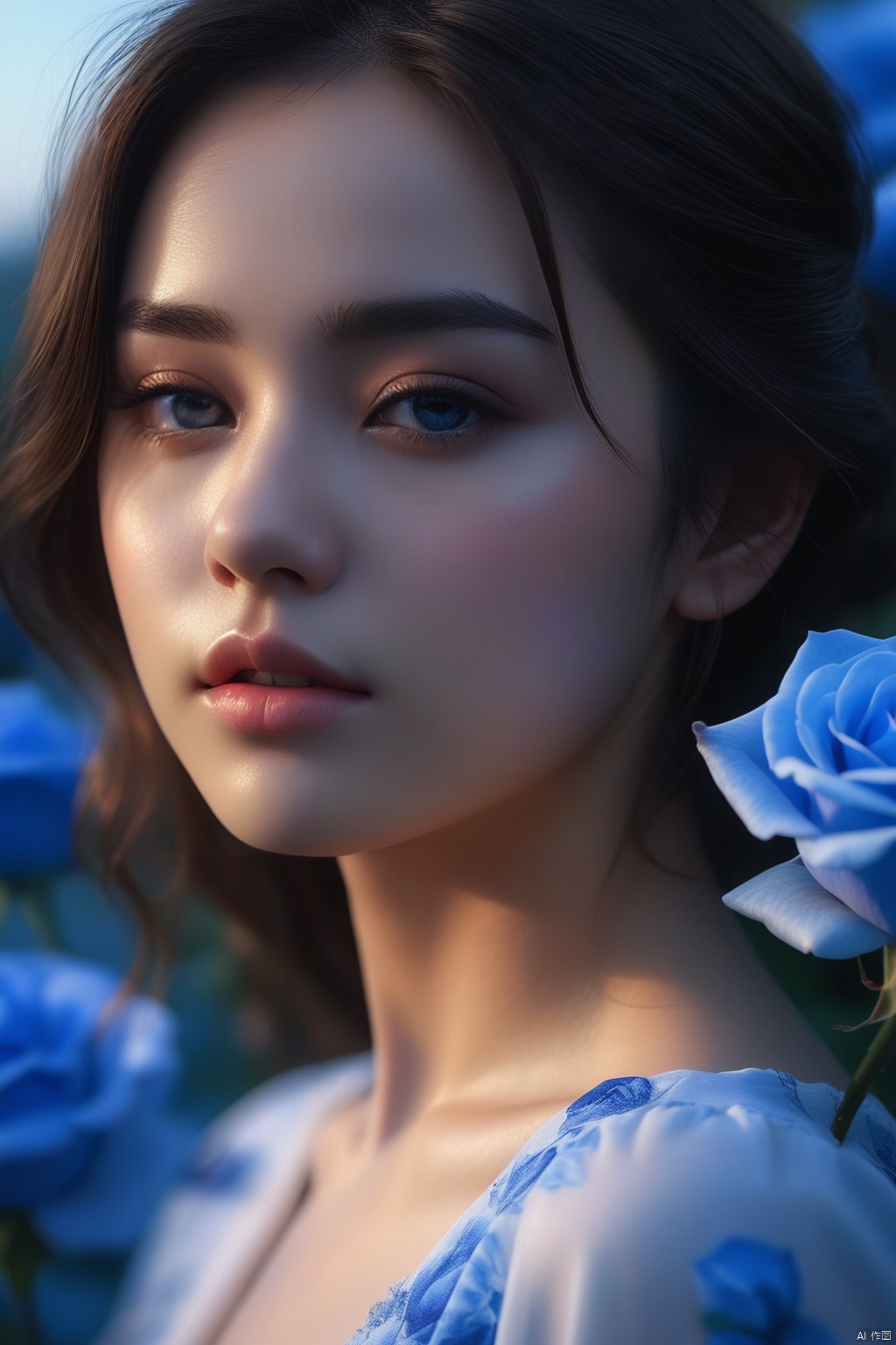  (RAW photo, 4k, realistic, ),masterpiece,best quality,unity 8k wallpaper,ultra detailed,cinematic look,natural skin texture,cinematic angle,Fujifilm XT3,(highlydetailed),(detailed lighting),(contrast),(mysterious atmosphere),vivid illumination,masterful technique,harmonious composition,immersive atmosphere,stunning visuals
1girl,from side,A girl was standing in a field of blue roses,realistic,Princess,sunlight,Blue rose patterned surface details,Soft blue light,In the background is a dreamlike sea of roses