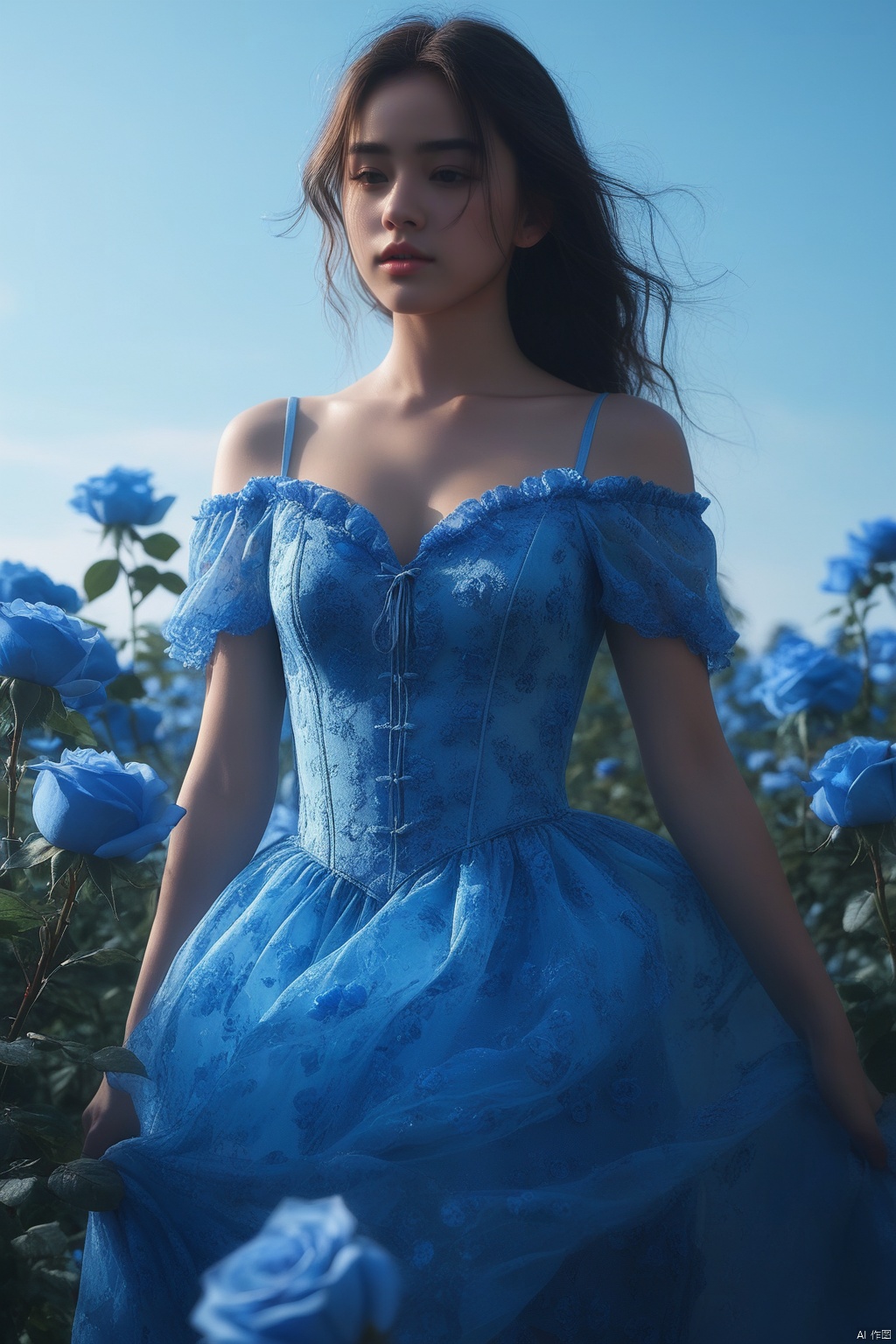  (RAW photo, 4k, realistic, ),masterpiece,best quality,unity 8k wallpaper,ultra detailed,cinematic look,natural skin texture,cinematic angle,Fujifilm XT3,(highlydetailed),(detailed lighting),(contrast),(mysterious atmosphere),vivid illumination,masterful technique,harmonious composition,immersive atmosphere,stunning visuals
1girl,from side,A girl was standing in a field of blue roses,realistic,Princess,sunlight,Blue rose patterned surface details,Soft blue light,In the background is a dreamlike sea of roses