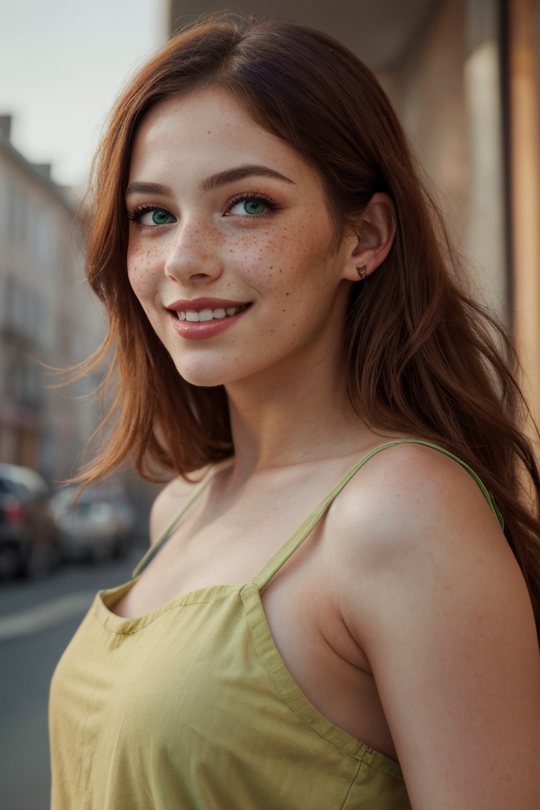 ultra-detailed,  A girl with long hair and green eyes is the main subject of the painting. cute smile,  The focus is on he...