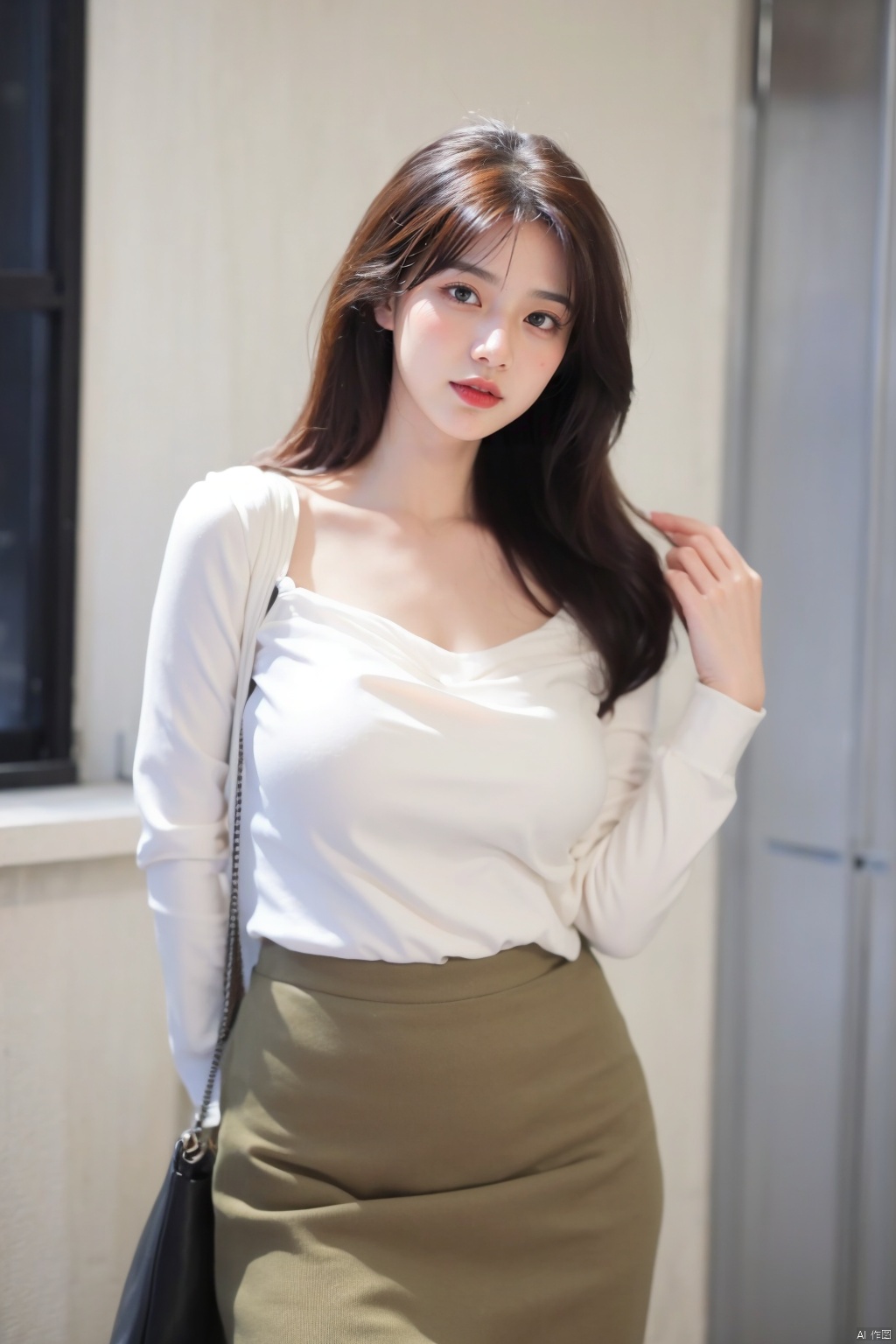  1girl, solo, long_hair, looking_at_viewer,cleavage,Big boobs, D-cup,skirt, brown_hair, shirt, long_sleeves, brown_eyes, Red lips,white_shirt, miniskirt, white_skirt, pencil_skirt, Hands behind your back, chest out,Simple background,realistic,cowboy_shot