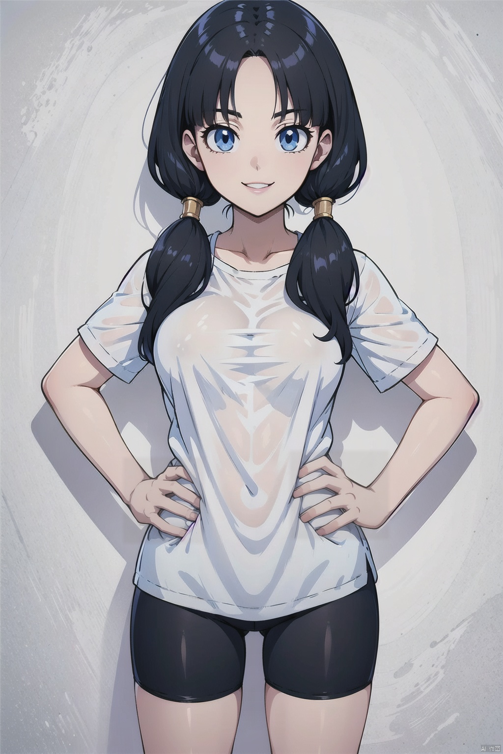 1girl, solo, long hair, breasts, looking at viewer, smile, blue eyes, shirt, black hair, twintails, medium breasts, standing, white shirt, short sleeves, cowboy shot, shorts, lips, see-through, shadow, low twintails, ass visible through thighs, black shorts, bike shorts, t-shirt, hands on hips,bidili, seductive eyes,Anime