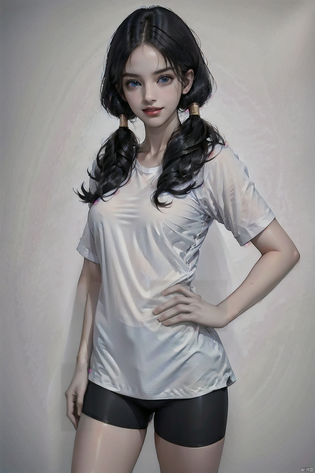 1girl, solo, long hair, breasts, looking at viewer, smile, blue eyes, shirt, black hair, twintails, medium breasts, standing, white shirt, short sleeves, cowboy shot, shorts, lips, see-through, shadow, low twintails, ass visible through thighs, black shorts, bike shorts, t-shirt, hands on hips,bidili