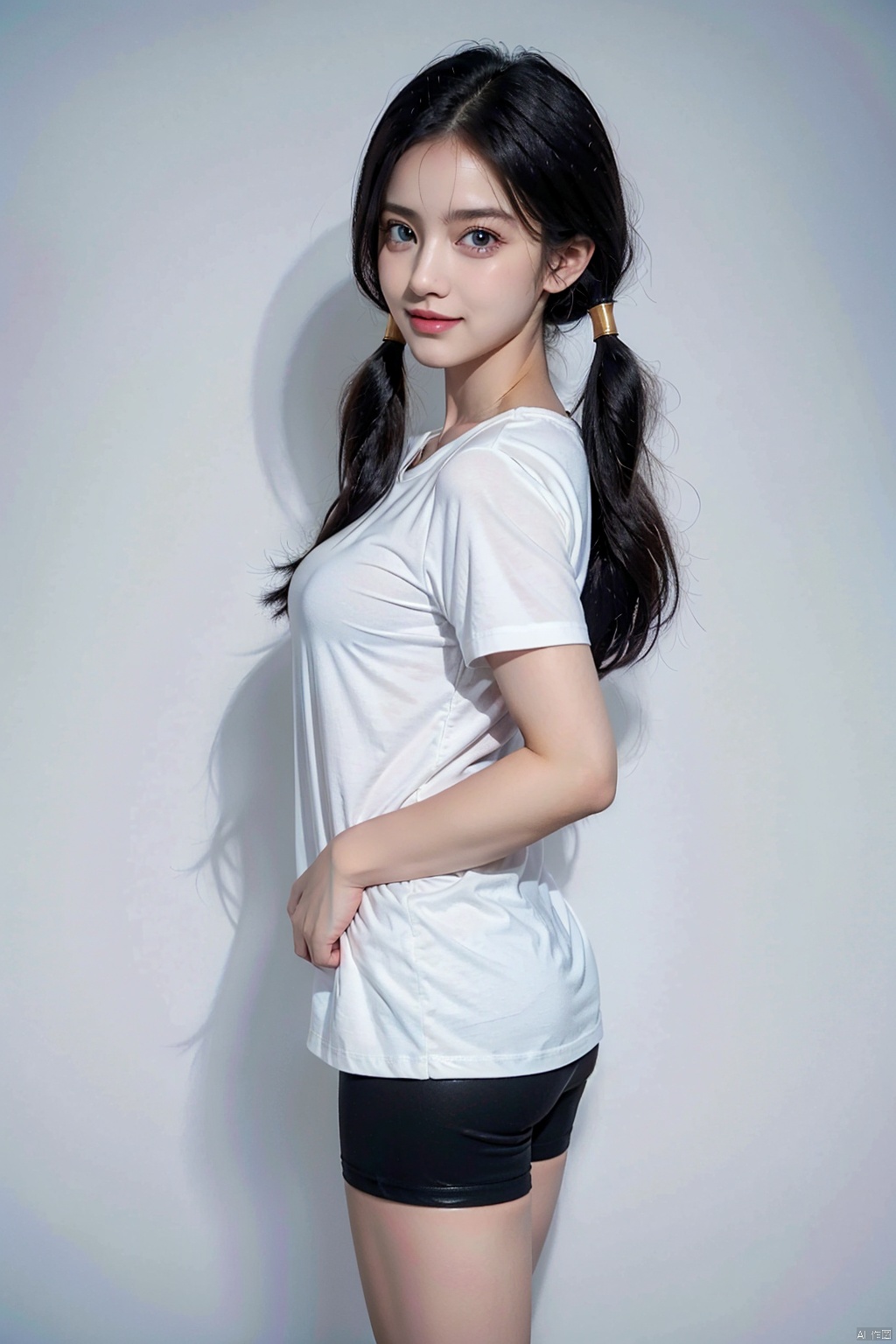 1girl, solo, long hair, breasts, looking at viewer, smile, blue eyes, shirt, black hair, twintails, medium breasts, standing, white shirt, short sleeves, cowboy shot, shorts, lips, see-through, shadow, low twintails, ass visible through thighs, black shorts, bike shorts, t-shirt, hands on hips,bidili, seductive eyes,Anime