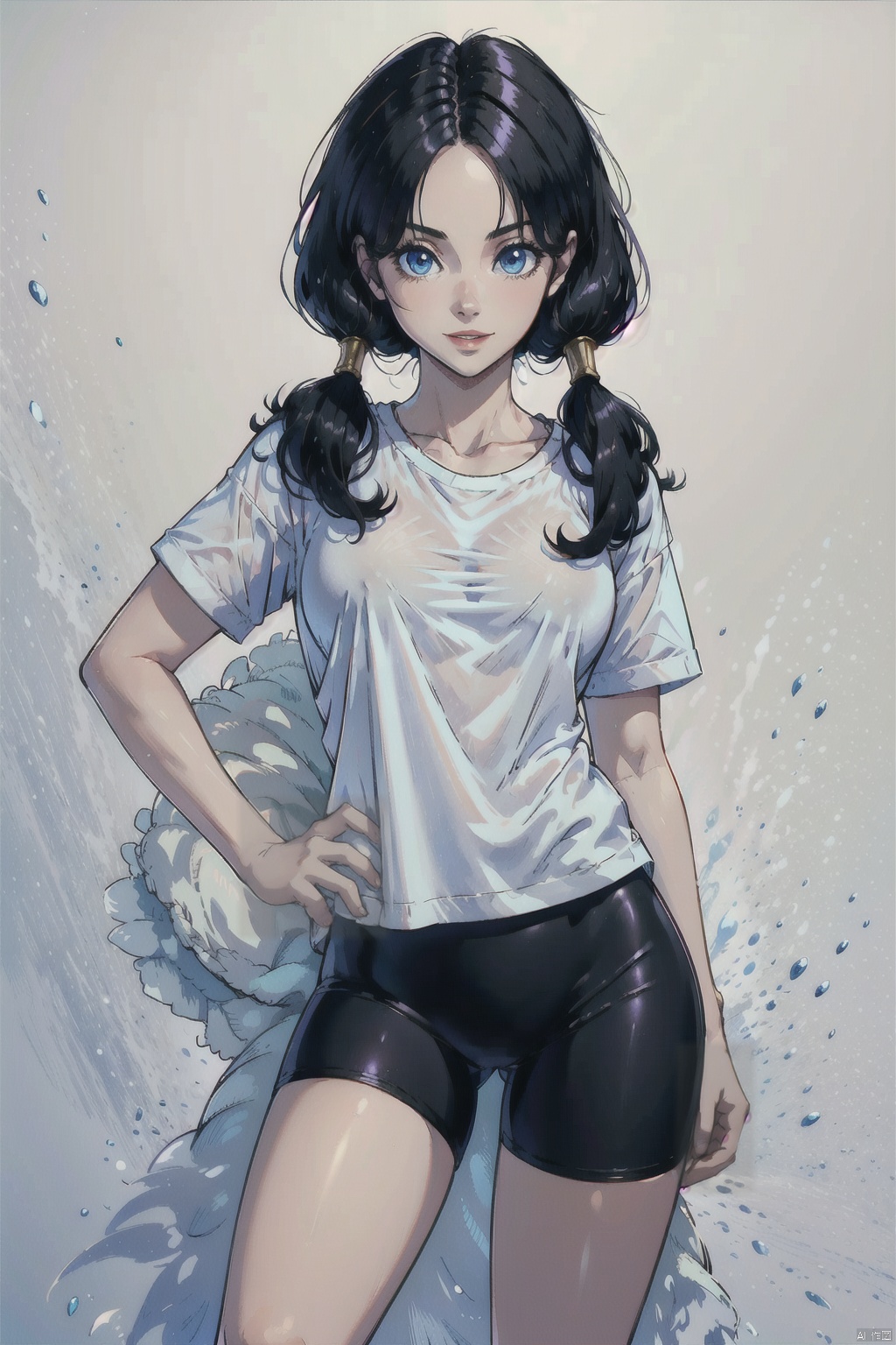 1girl, solo, long hair, breasts, looking at viewer, smile, blue eyes, shirt, black hair, twintails, medium breasts, standing, white shirt, short sleeves, cowboy shot, shorts, lips, see-through, shadow, low twintails, ass visible through thighs, black shorts, bike shorts, t-shirt, hands on hips,bidili, seductive eyes