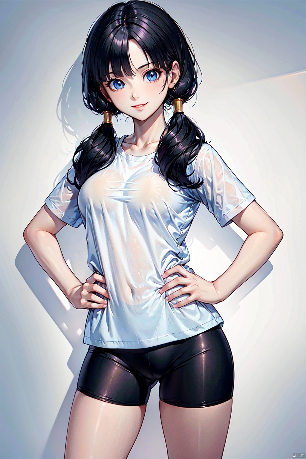 1girl, solo, long hair, breasts, looking at viewer, smile, blue eyes, shirt, black hair, twintails, medium breasts, standing, white shirt, short sleeves, cowboy shot, shorts, lips, see-through, shadow, low twintails, ass visible through thighs, black shorts, bike shorts, t-shirt, hands on hips,bidili, seductive eyes