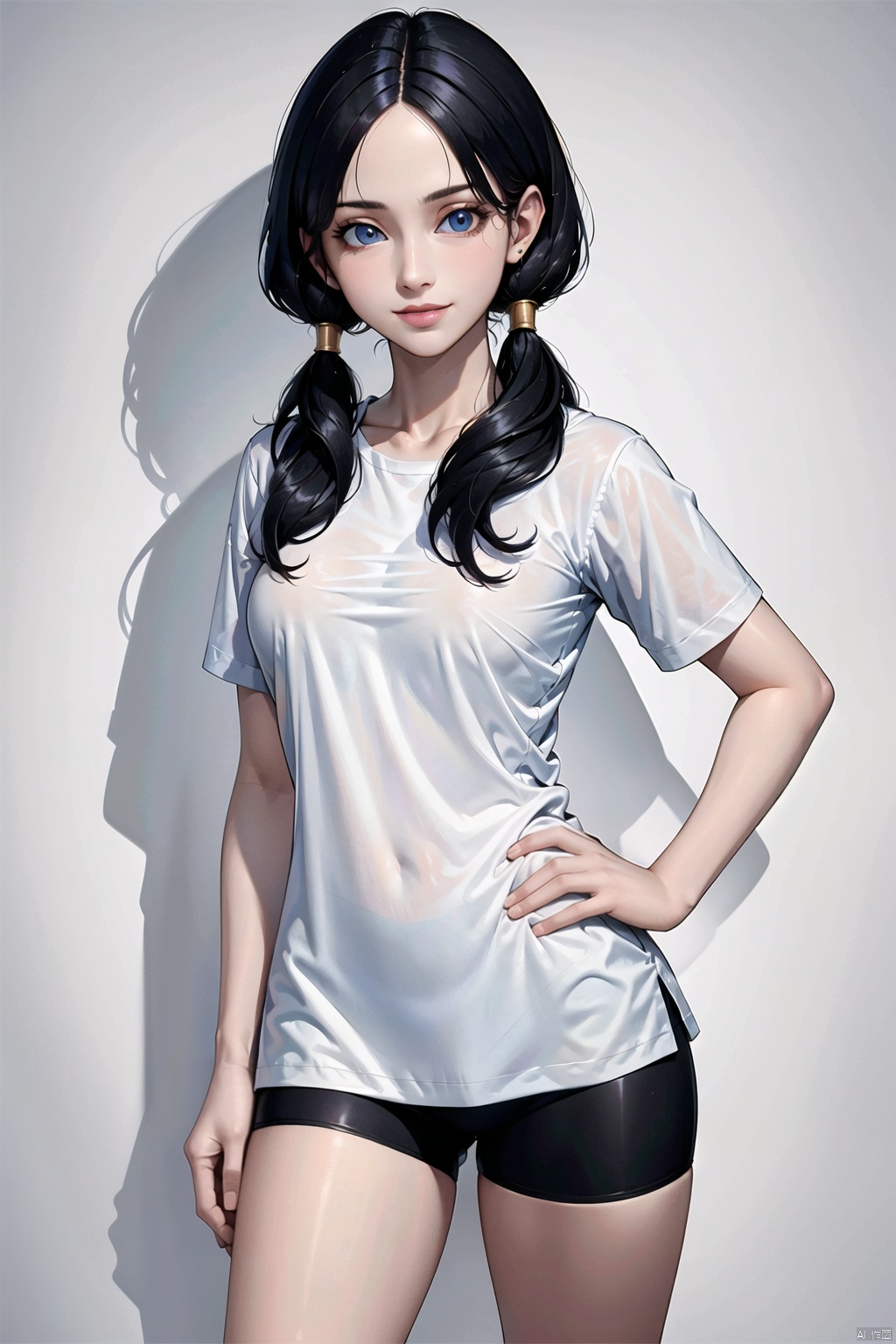 1girl, solo, long hair, breasts, looking at viewer, smile, blue eyes, shirt, black hair, twintails, medium breasts, standing, white shirt, short sleeves, cowboy shot, shorts, lips, see-through, shadow, low twintails, ass visible through thighs, black shorts, bike shorts, t-shirt, hands on hips,bidili, seductive eyes