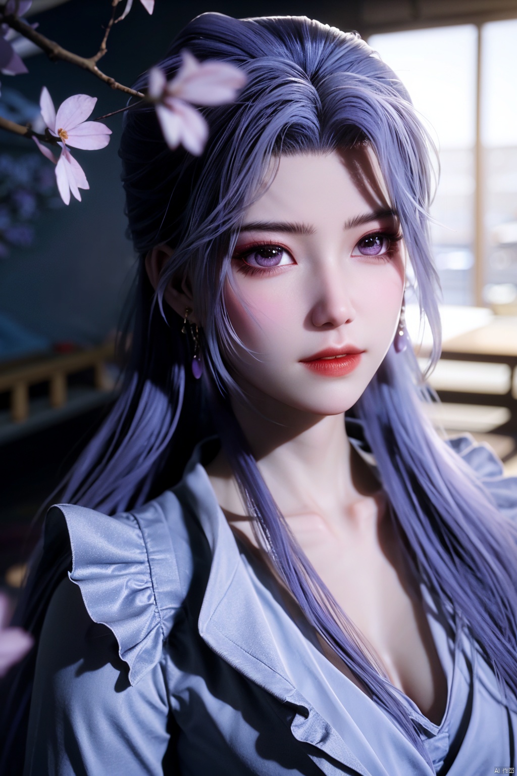  best quality,masterpiece,X-Yunxiao,1girl,solo,long hair,looking at viewer,jewelry,closed mouth,purple eyes,upper body,purple hair,earrings,blurry,blurry background,sunlight,red lips,(big breasts:1.39),X-Yunxiao,X-Hydrangea