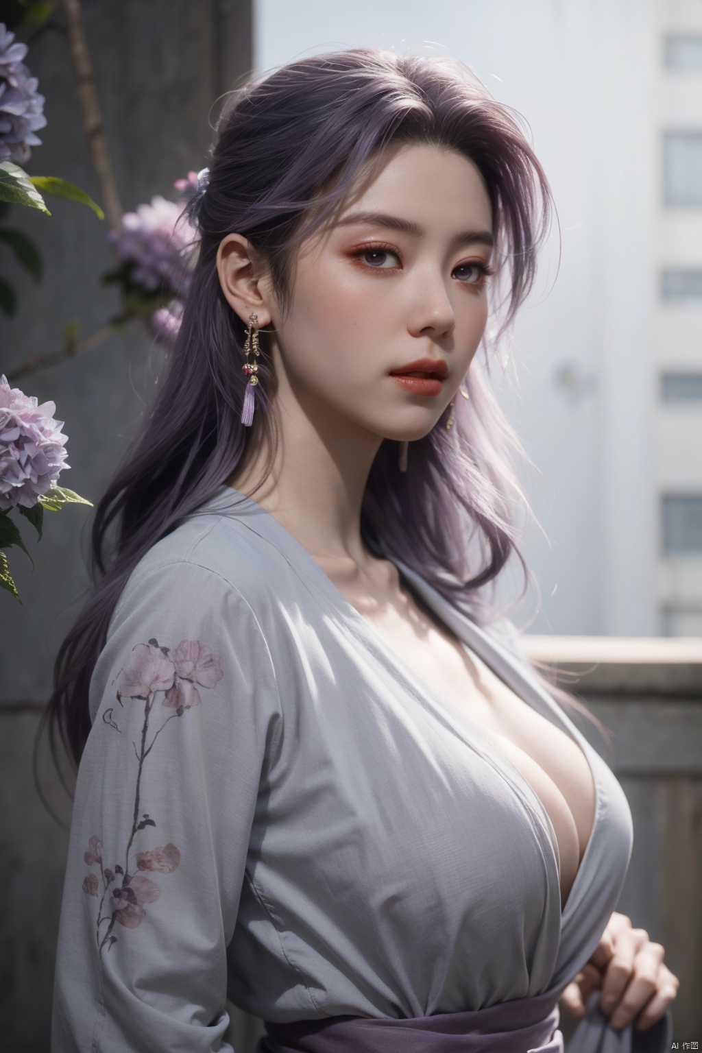  best quality,masterpiece,X-Yunxiao,1girl,solo,long hair,looking at viewer,jewelry,closed mouth,purple eyes,upper body,purple hair,earrings,blurry,blurry background,sunlight,red lips,(big breasts:1.39),X-Yunxiao,X-Hydrangea, traditional chinese ink painting