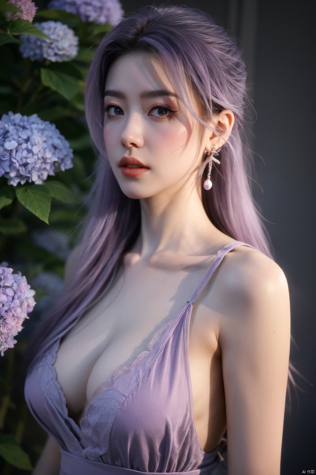  best quality,masterpiece,X-Yunxiao,1girl,solo,long hair,looking at viewer,jewelry,closed mouth,purple eyes,upper body,purple hair,earrings,blurry,blurry background,sunlight,red lips,(big breasts:1.3),X-Yunxiao,X-Hydrangea, traditional chinese ink painting,ll-hd