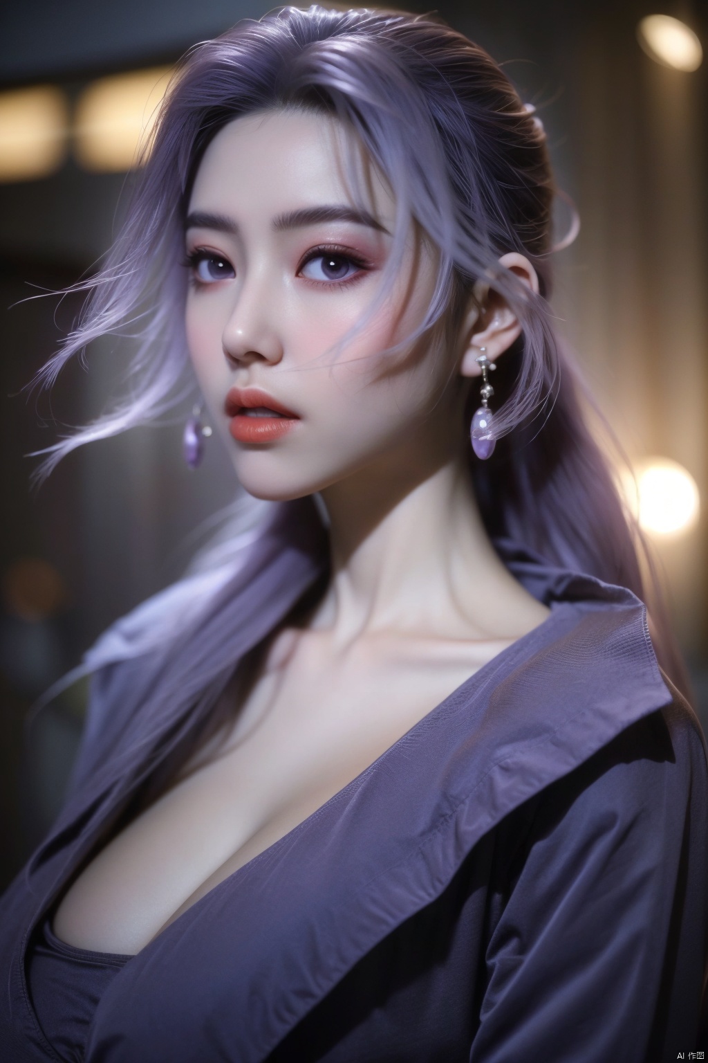  best quality,masterpiece,X-Yunxiao,1girl,solo,long hair,looking at viewer,jewelry,closed mouth,purple eyes,upper body,purple hair,earrings,blurry,blurry background,sunlight,red lips,(big breasts:1.39),X-Yunxiao,X-Hydrangea