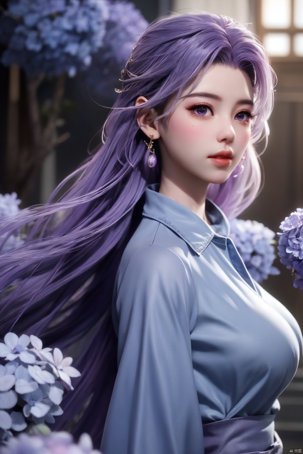  best quality,masterpiece,X-Yunxiao,1girl,solo,long hair,looking at viewer,jewelry,closed mouth,purple eyes,upper body,purple hair,earrings,blurry,blurry background,sunlight,red lips,(big breasts:1.39),X-Yunxiao,X-Hydrangea